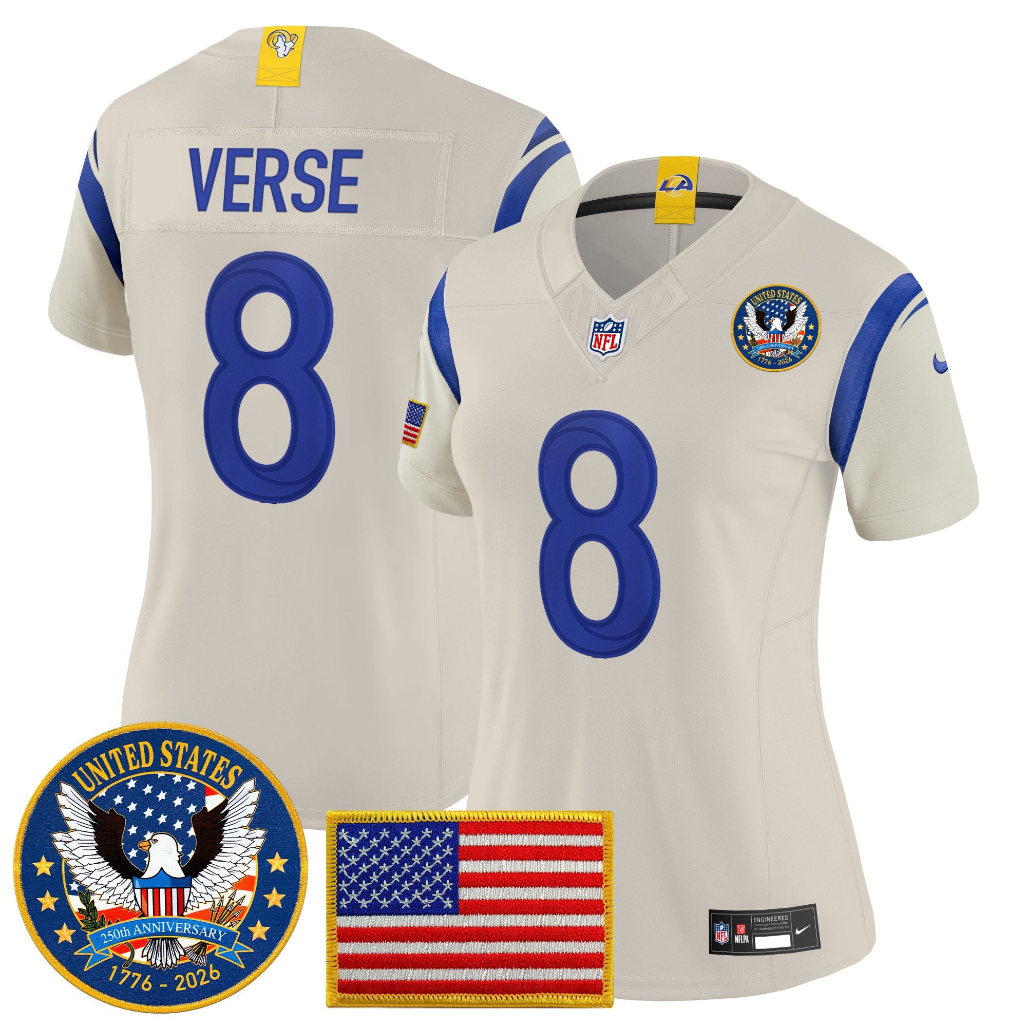 Women's Los Angeles Rams 2025 "United States 250th Anniversary Patch" Vapor Limited Jersey - All Stitched