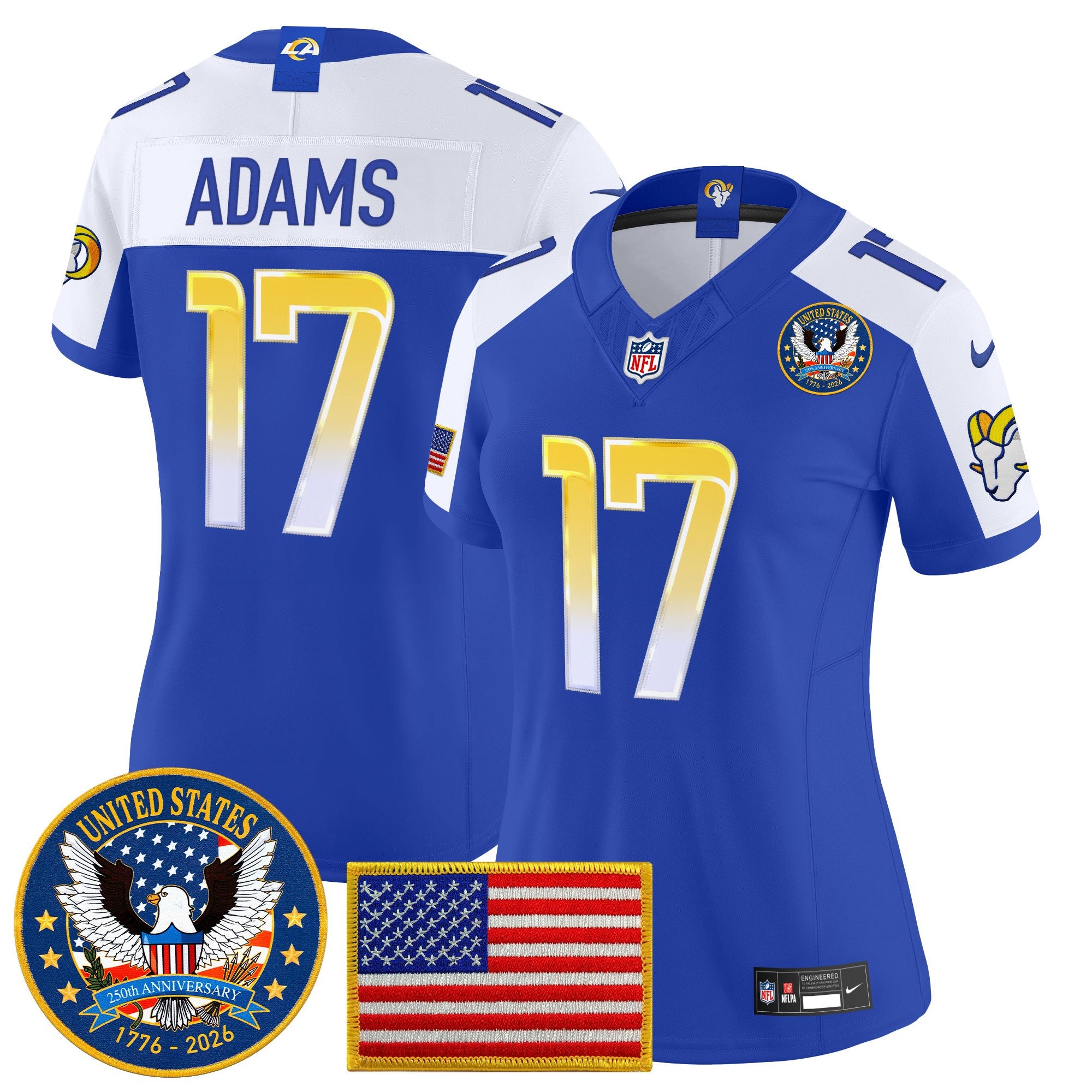 Women's Los Angeles Rams 2025 "United States 250th Anniversary Patch" Vapor Limited Jersey - All Stitched