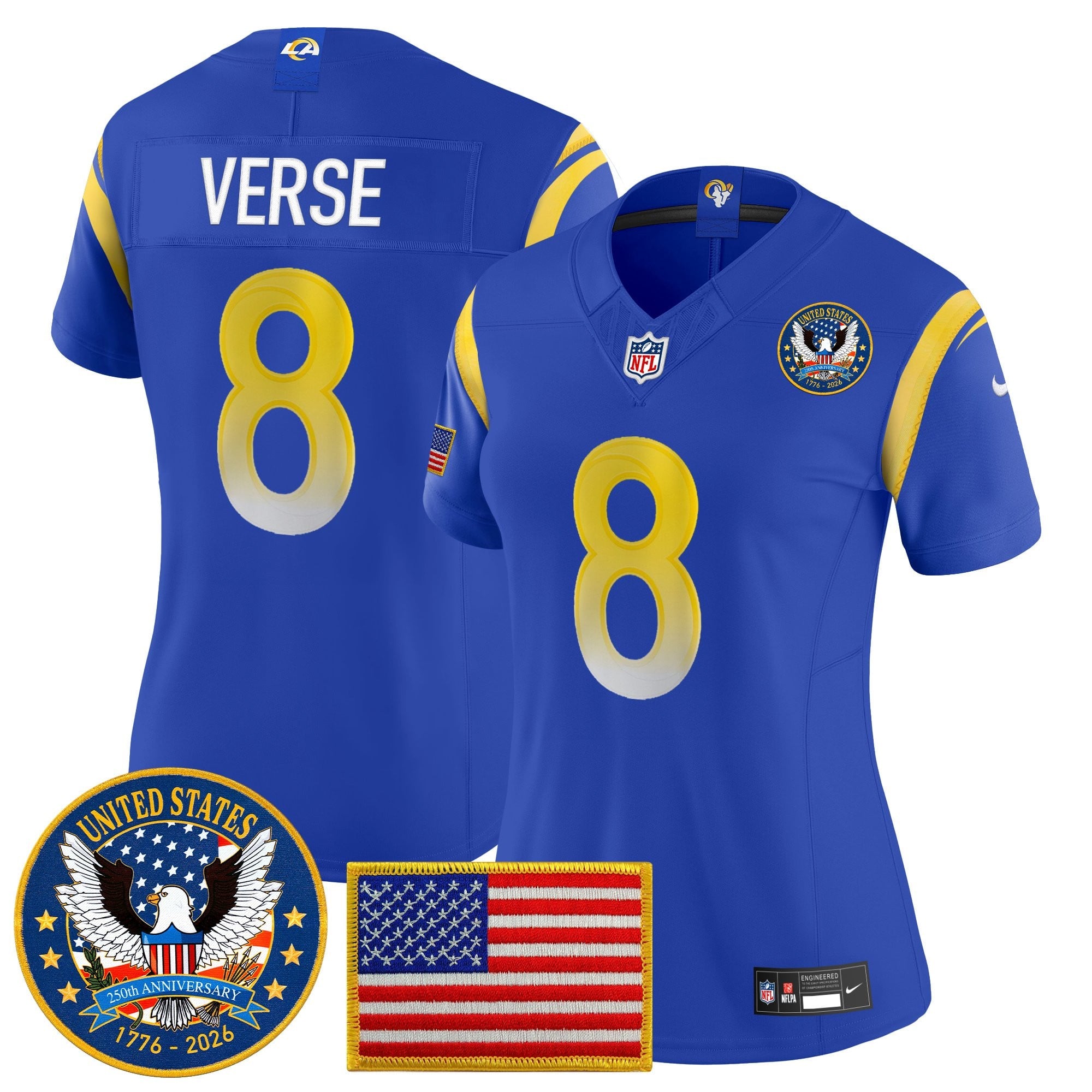 Women's Los Angeles Rams 2025 "United States 250th Anniversary Patch" Vapor Limited Jersey - All Stitched