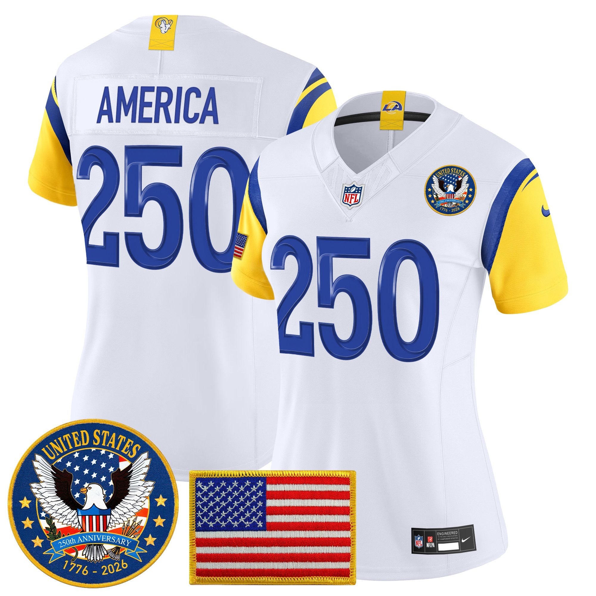 Women's Los Angeles Rams 2025 "United States 250th Anniversary Patch" Vapor Limited Jersey - All Stitched