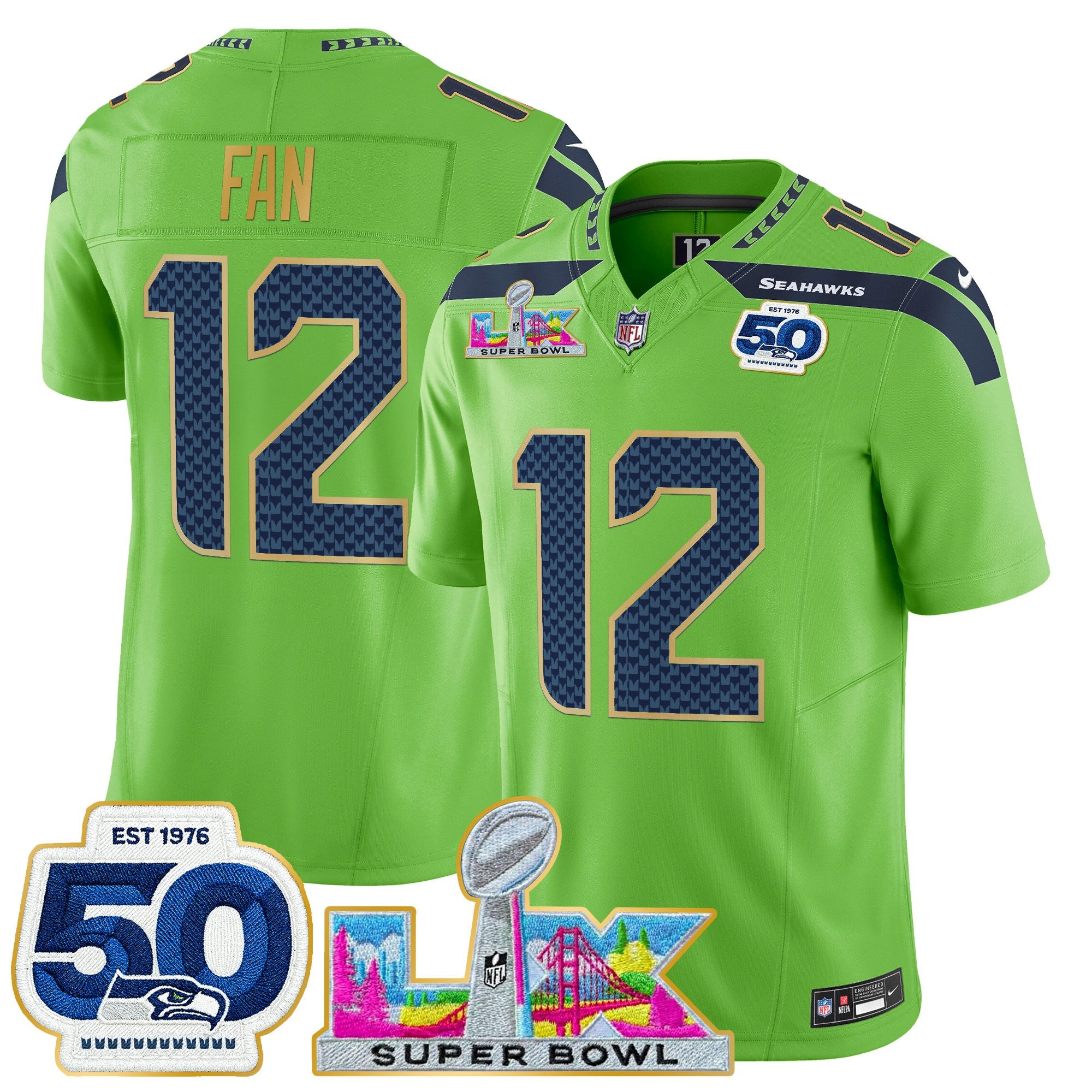 Men's Seattle Seahawks "Super Bowl LX & 50th Patch" Gold Trim Vapor Limited Jersey - All Stitched