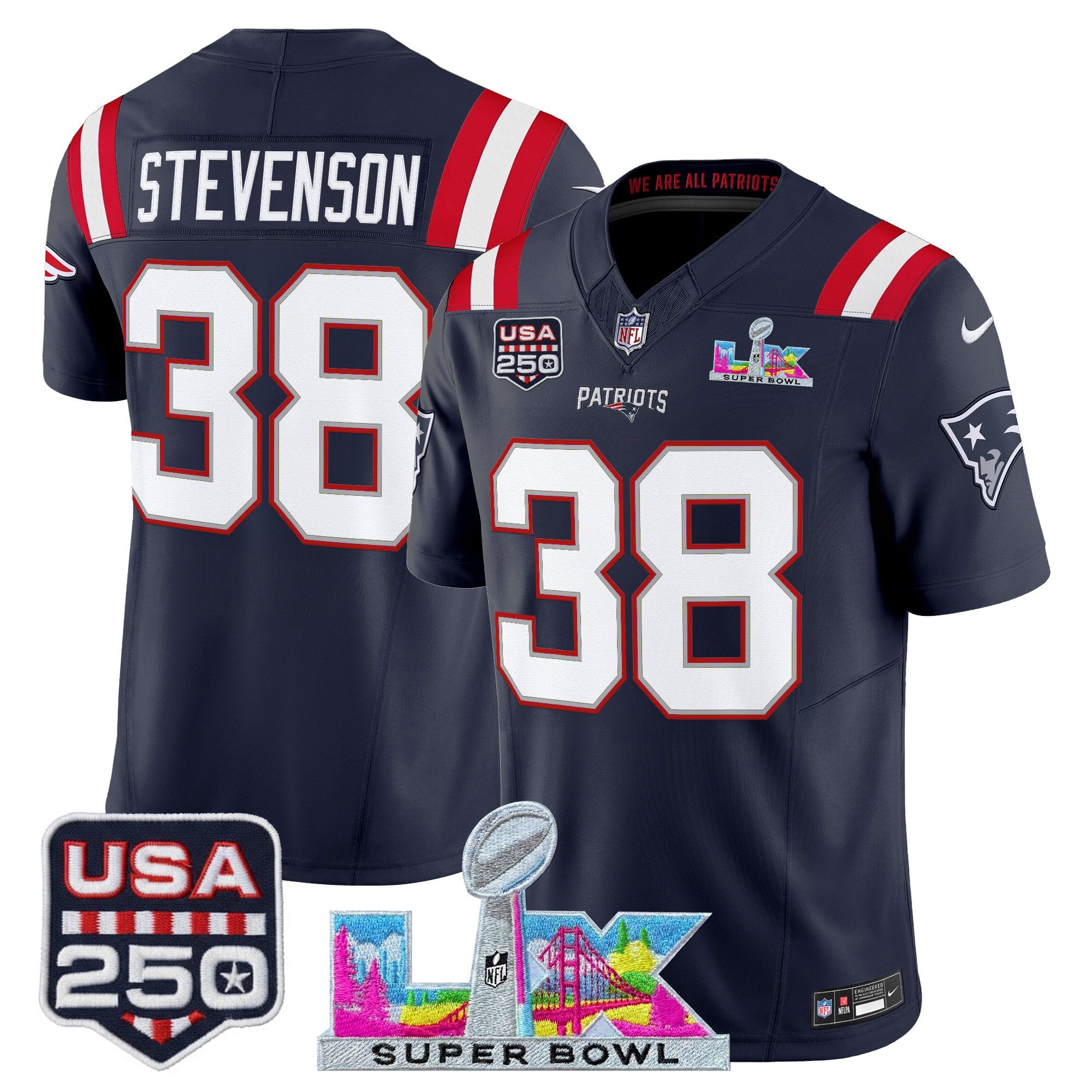 Men's New England Patriots "Super Bowl LX & United States 250th Anniversary Patch" Vapor Limited Jersey - All Stitched