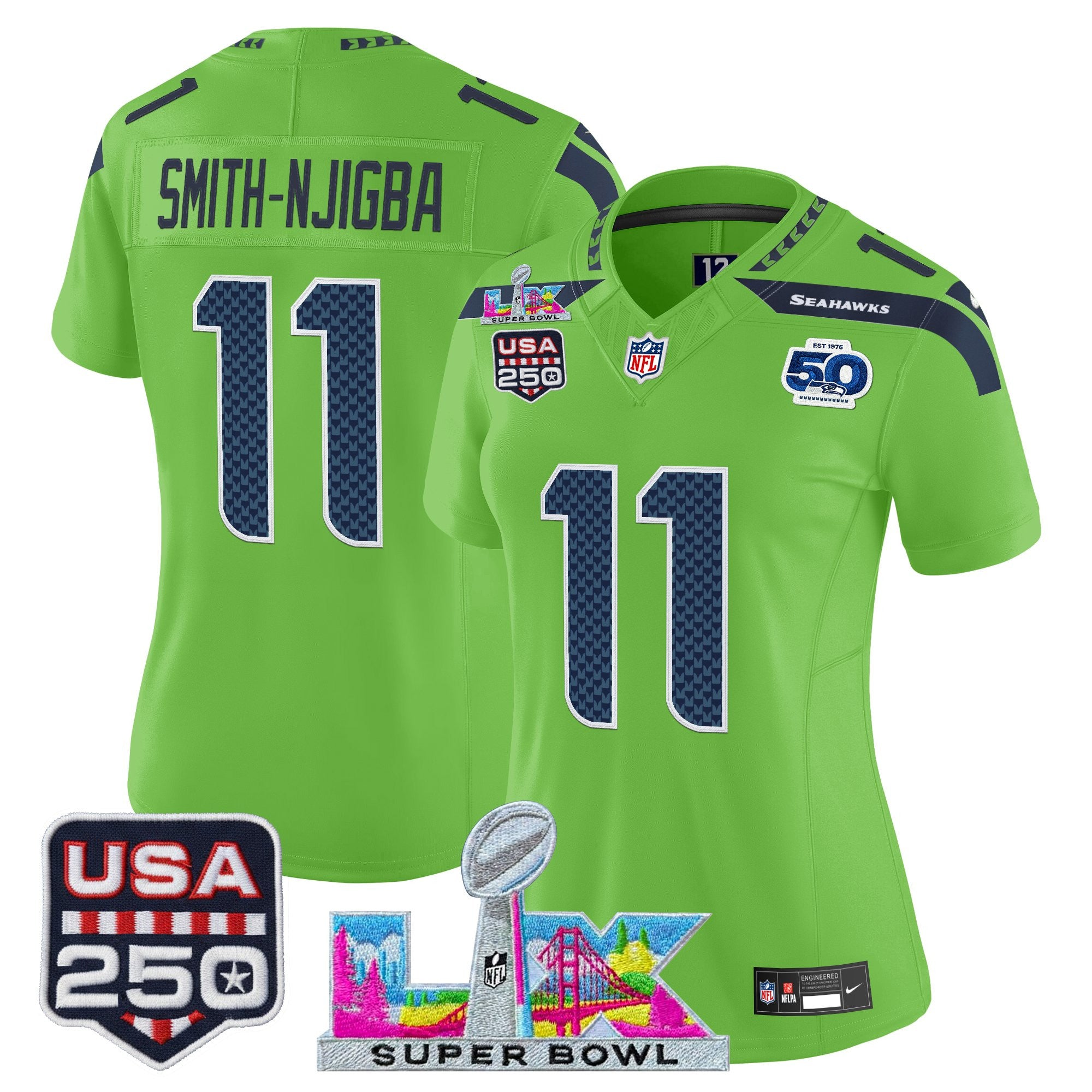 Women's Seattle Seahawks "Super Bowl LX & United States 250th Anniversary Patch" Vapor Limited Jersey - All Stitched