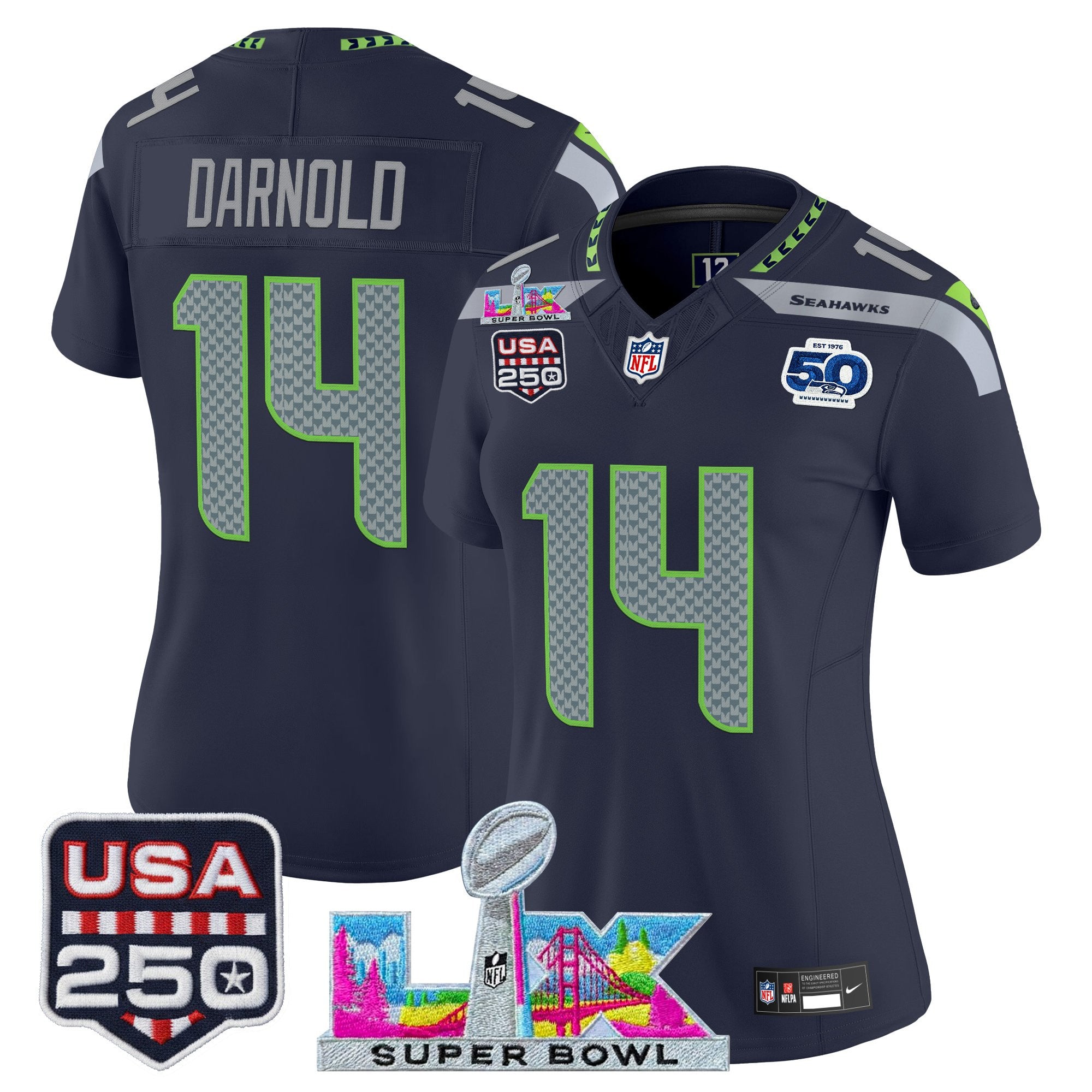 Women's Seattle Seahawks "Super Bowl LX & United States 250th Anniversary Patch" Vapor Limited Jersey - All Stitched