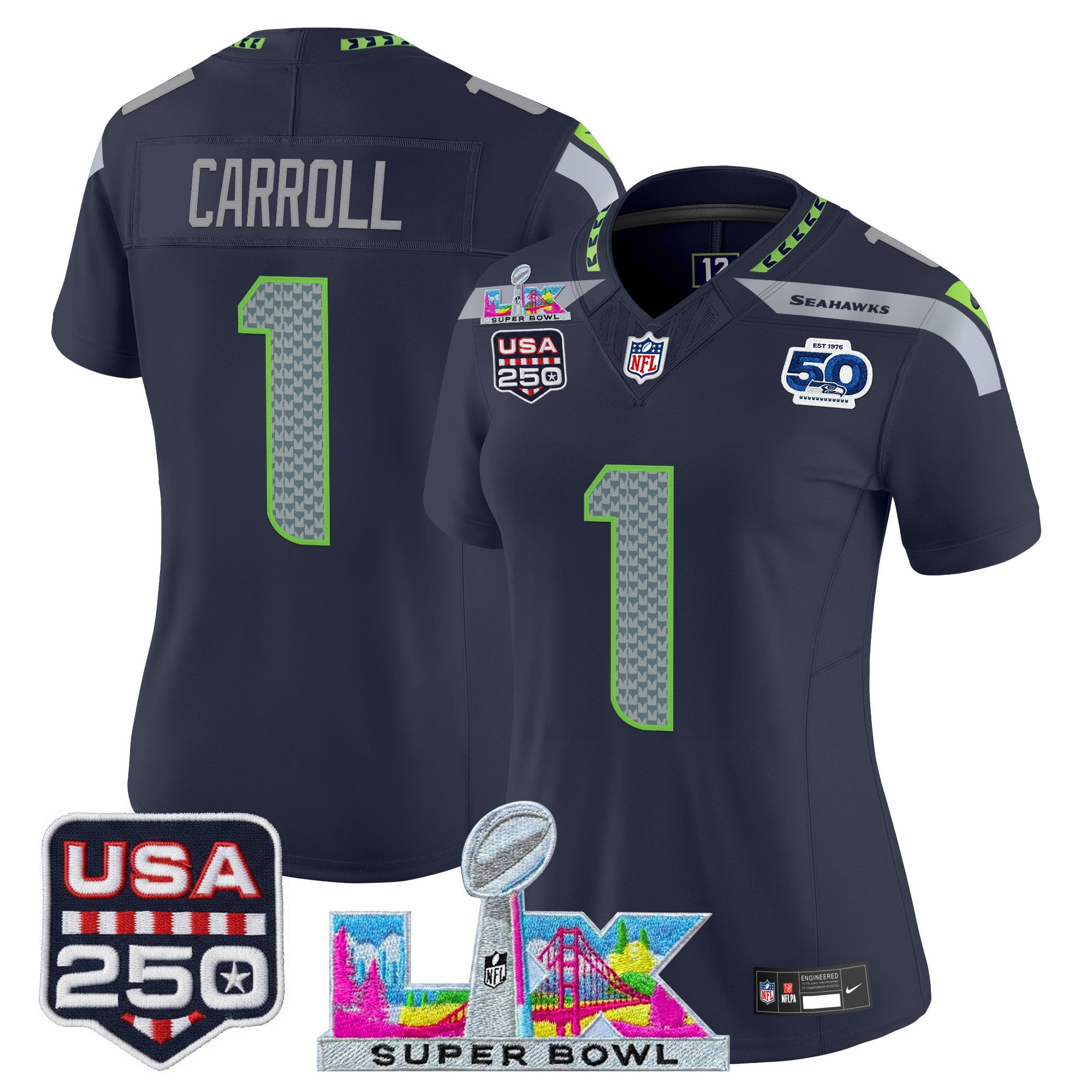 Women's Seattle Seahawks "Super Bowl LX & United States 250th Anniversary Patch" Vapor Limited Jersey - All Stitched