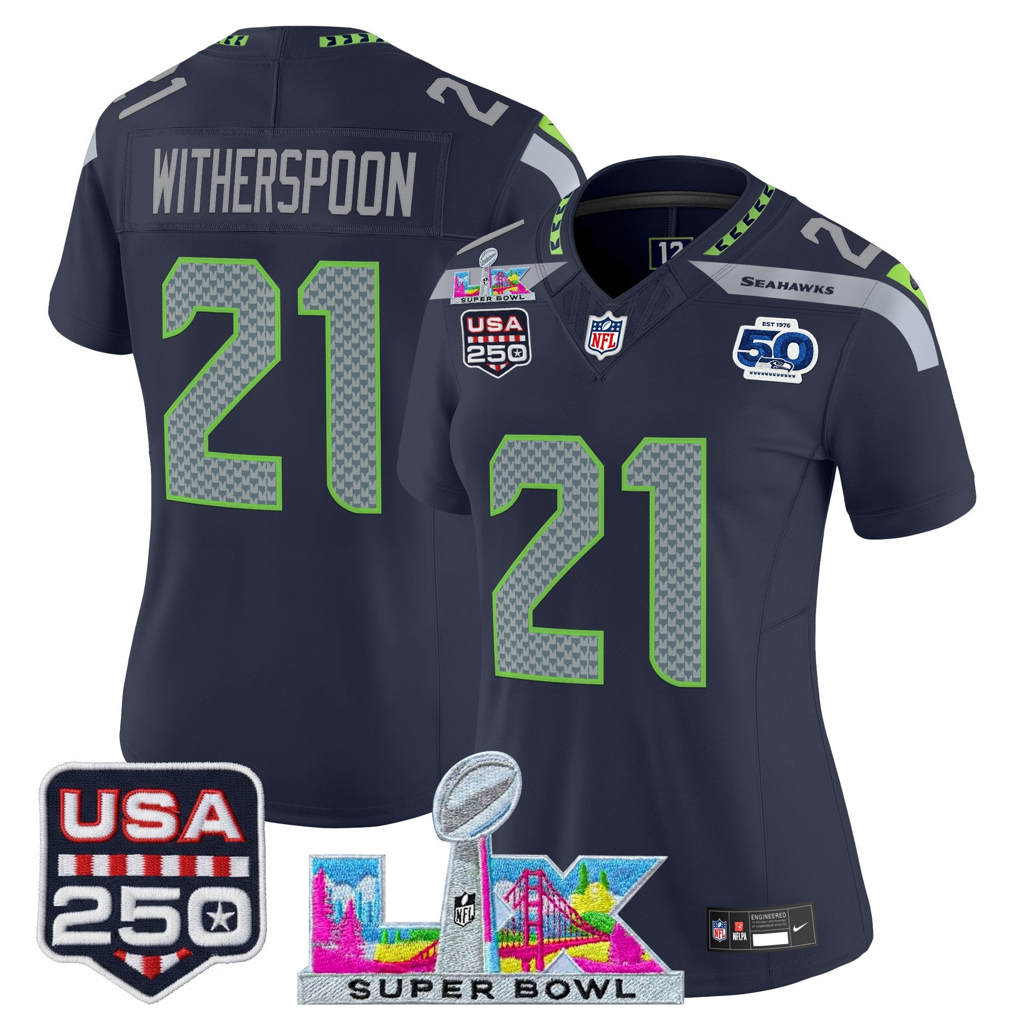 Women's Seattle Seahawks "Super Bowl LX & United States 250th Anniversary Patch" Vapor Limited Jersey - All Stitched