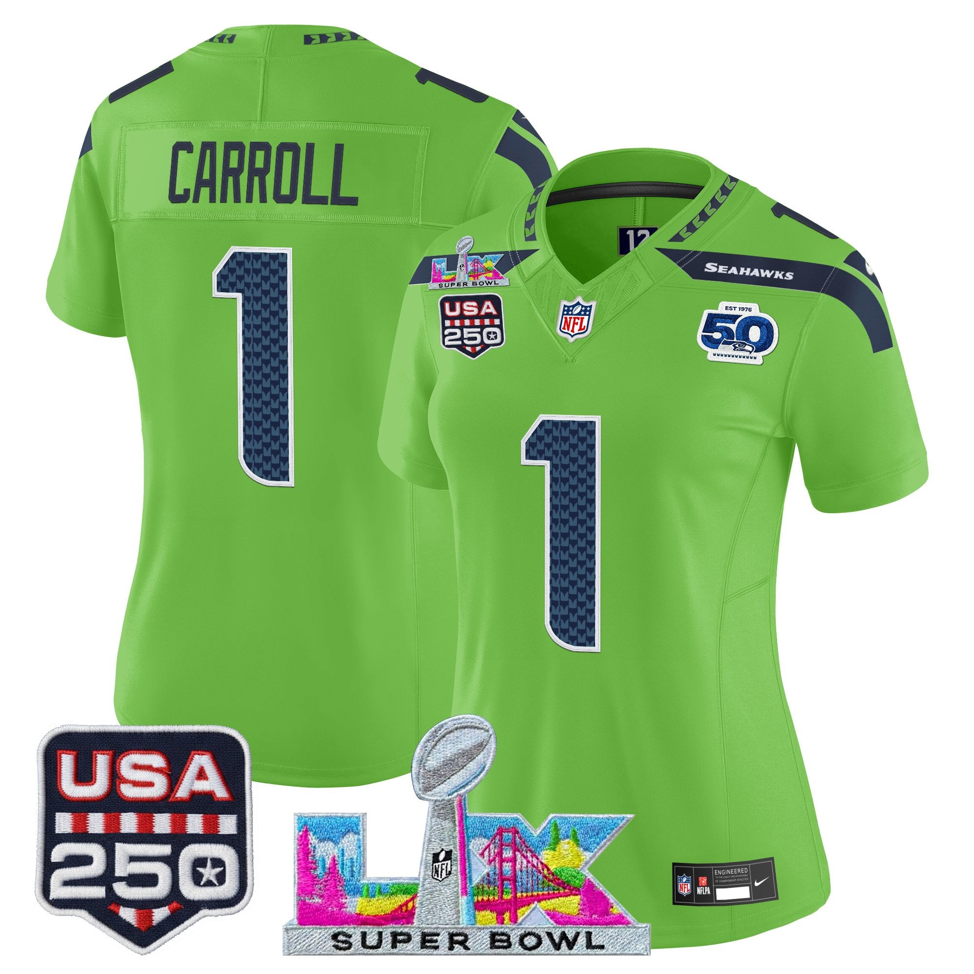 Women's Seattle Seahawks "Super Bowl LX & United States 250th Anniversary Patch" Vapor Limited Jersey - All Stitched
