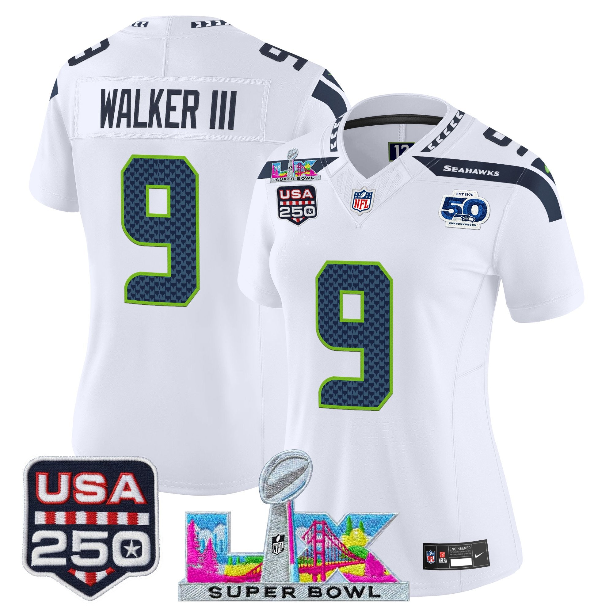 Women's Seattle Seahawks "Super Bowl LX & United States 250th Anniversary Patch" Vapor Limited Jersey - All Stitched