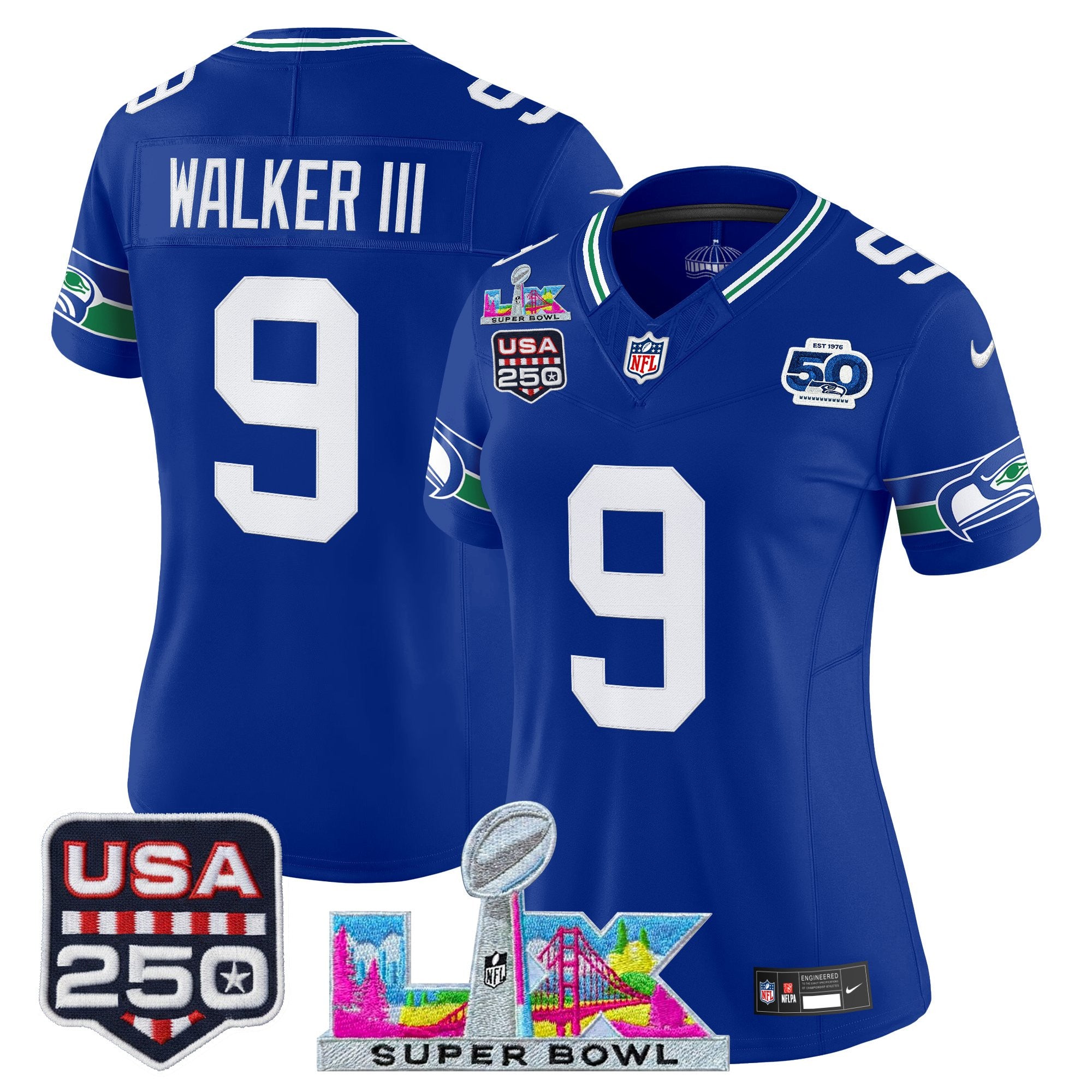 Women's Seattle Seahawks "Super Bowl LX & United States 250th Anniversary Patch" Vapor Limited Jersey - All Stitched