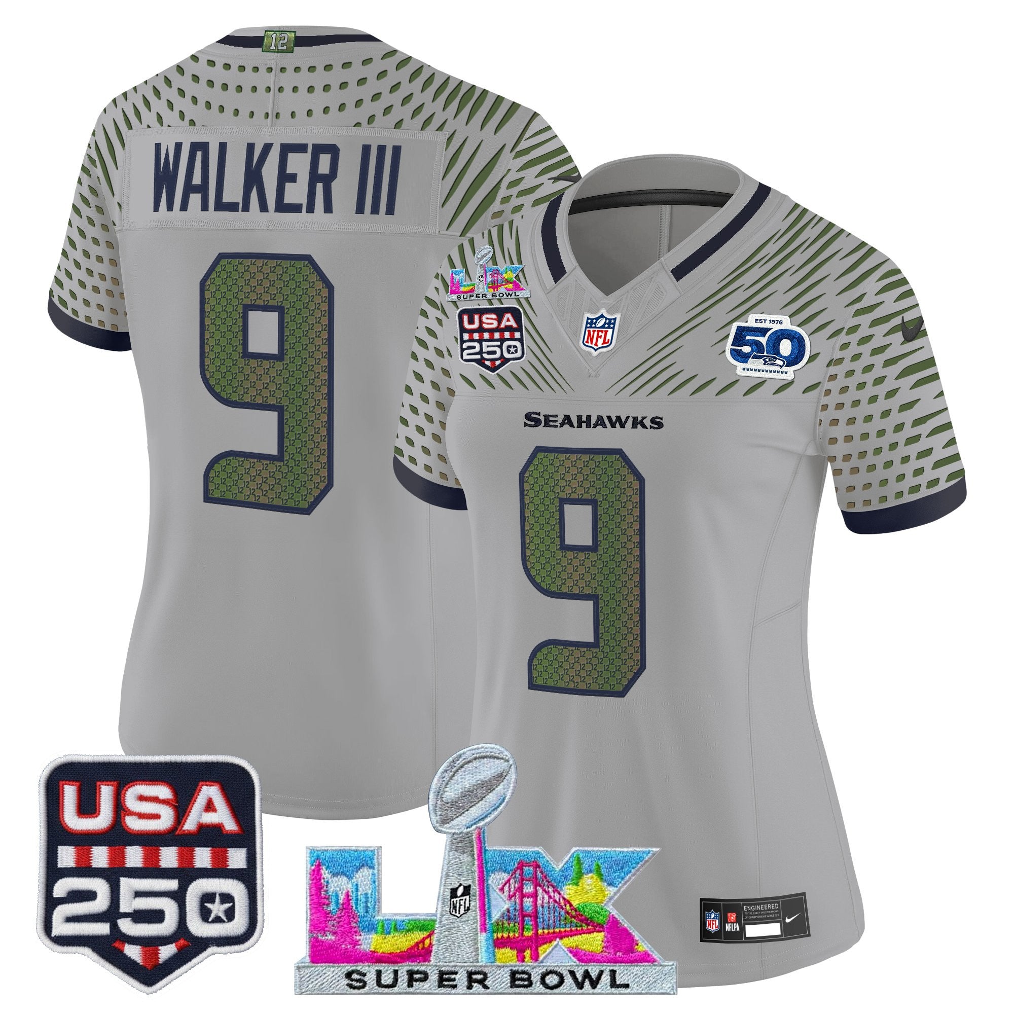 Women's Seattle Seahawks "Super Bowl LX & United States 250th Anniversary Patch" Vapor Limited Jersey - All Stitched