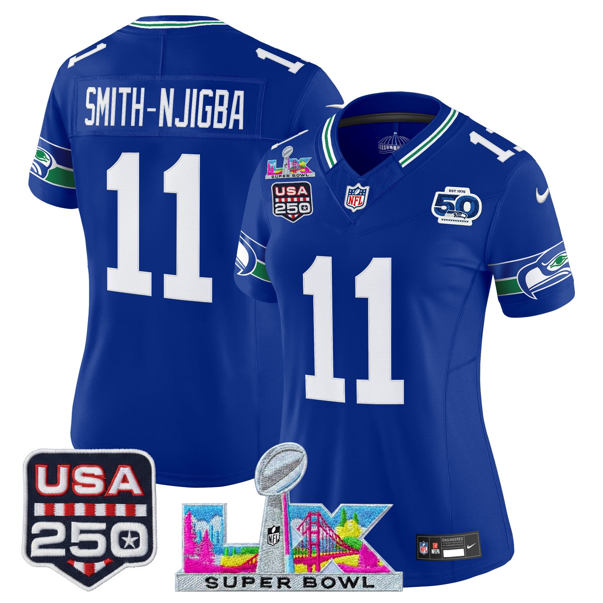 Women's Seattle Seahawks "Super Bowl LX & United States 250th Anniversary Patch" Vapor Limited Jersey - All Stitched
