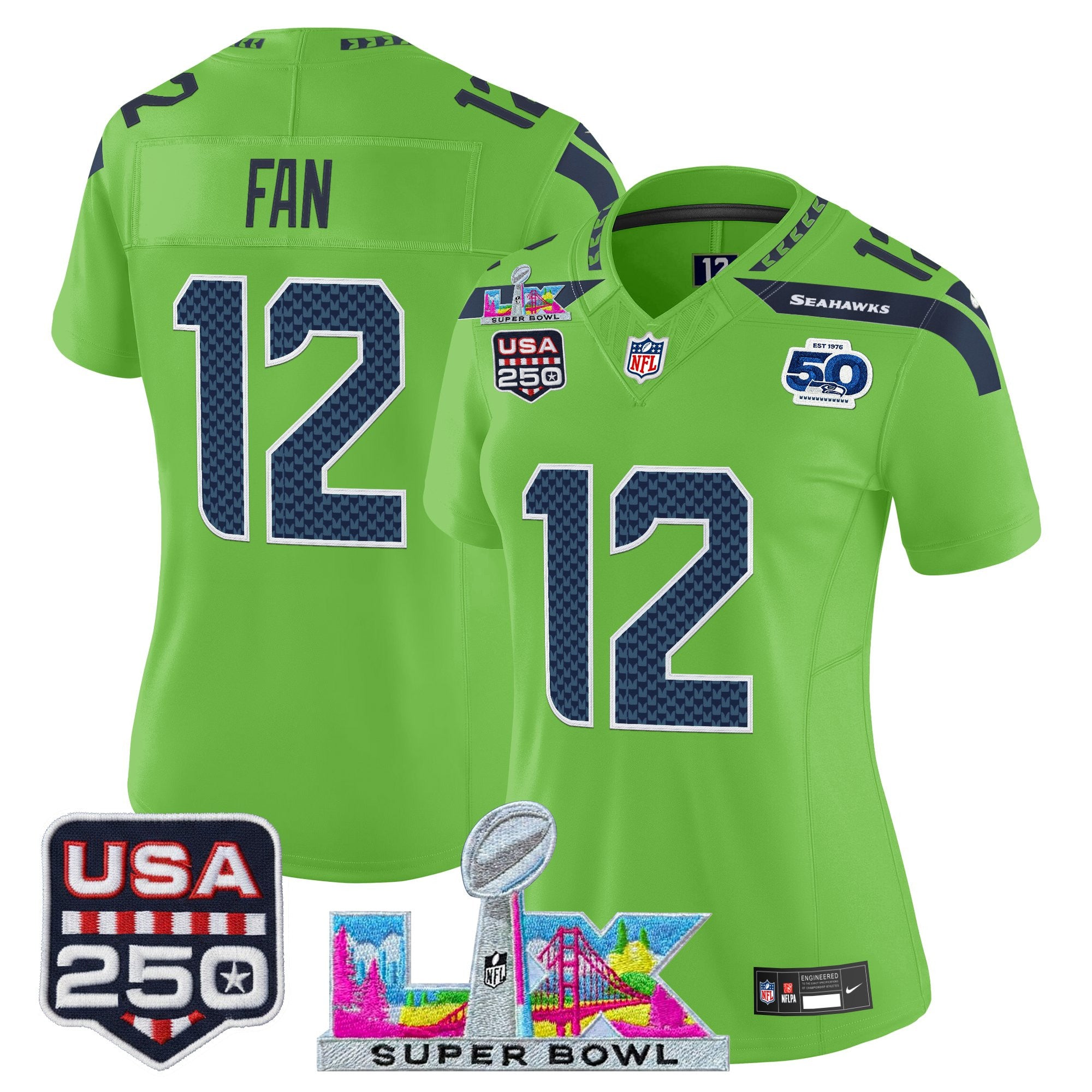 Women's Seattle Seahawks "Super Bowl LX & United States 250th Anniversary Patch" Vapor Limited Jersey - All Stitched