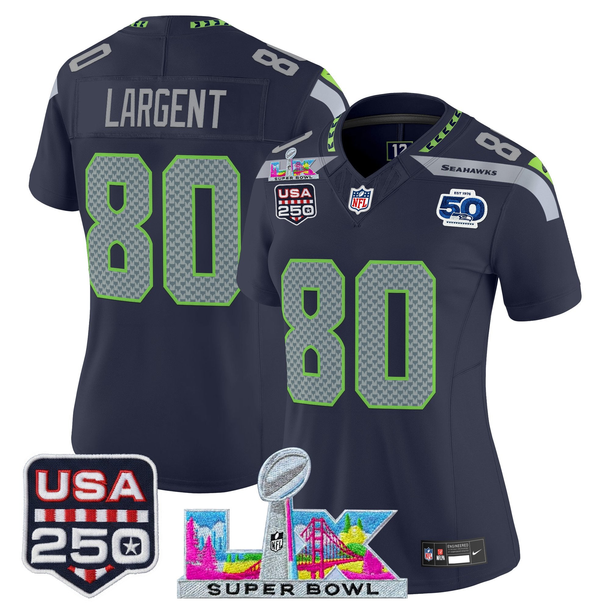 Women's Seattle Seahawks "Super Bowl LX & United States 250th Anniversary Patch" Vapor Limited Jersey - All Stitched