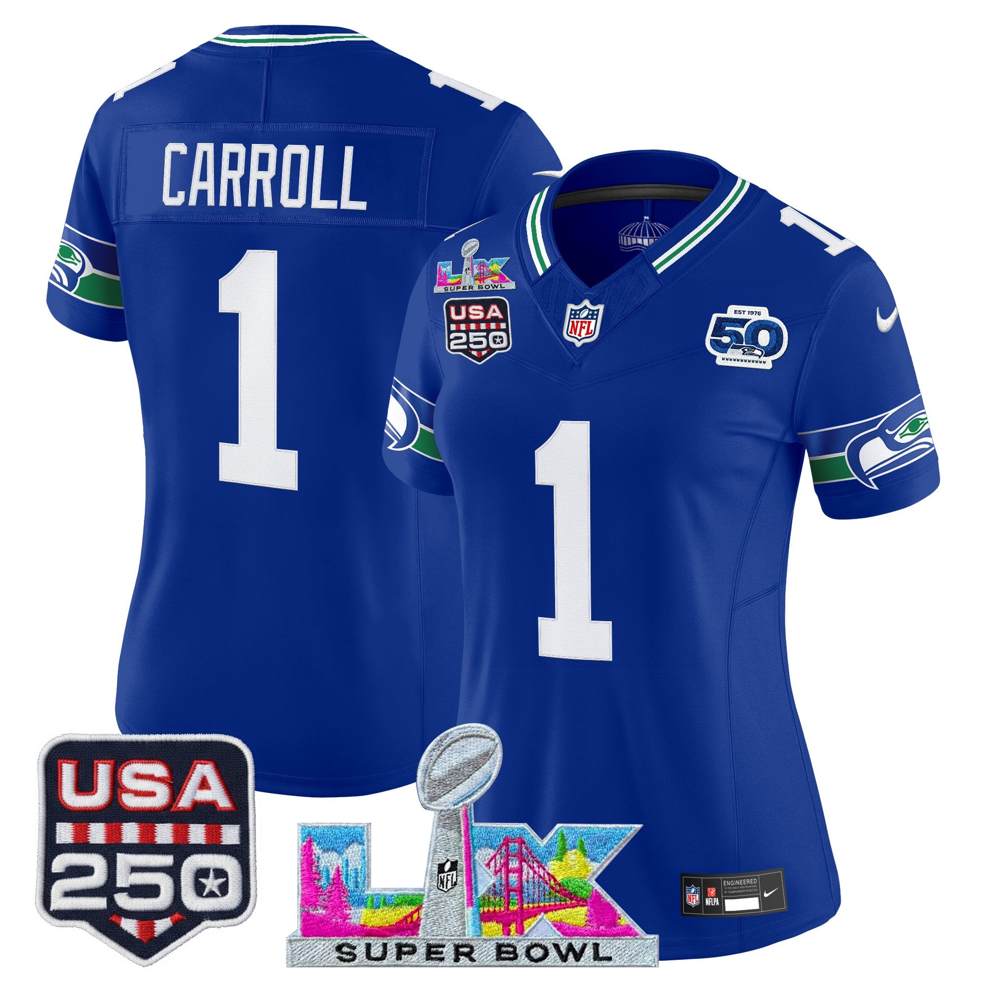 Women's Seattle Seahawks "Super Bowl LX & United States 250th Anniversary Patch" Vapor Limited Jersey - All Stitched