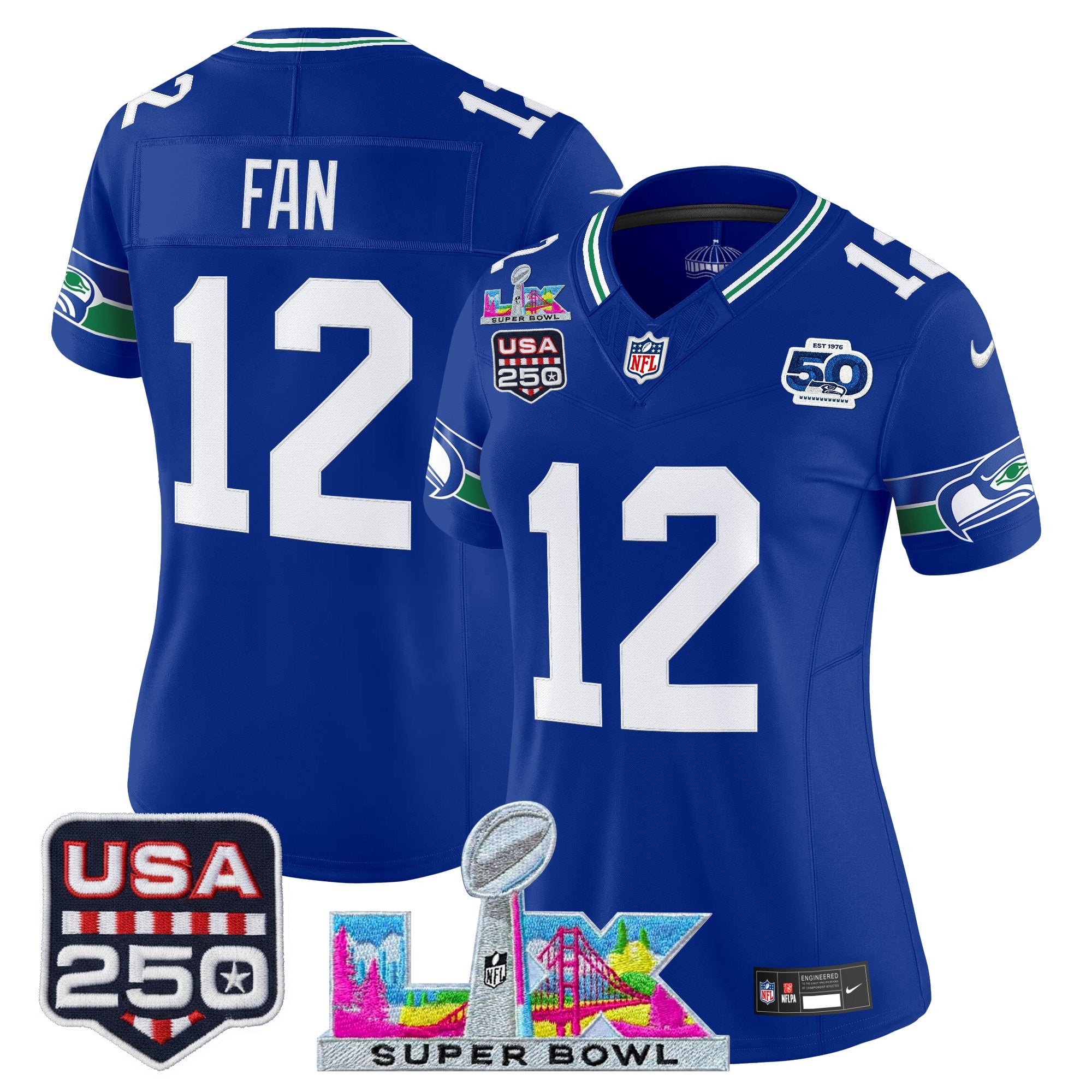 Women's Seattle Seahawks "Super Bowl LX & United States 250th Anniversary Patch" Vapor Limited Jersey - All Stitched