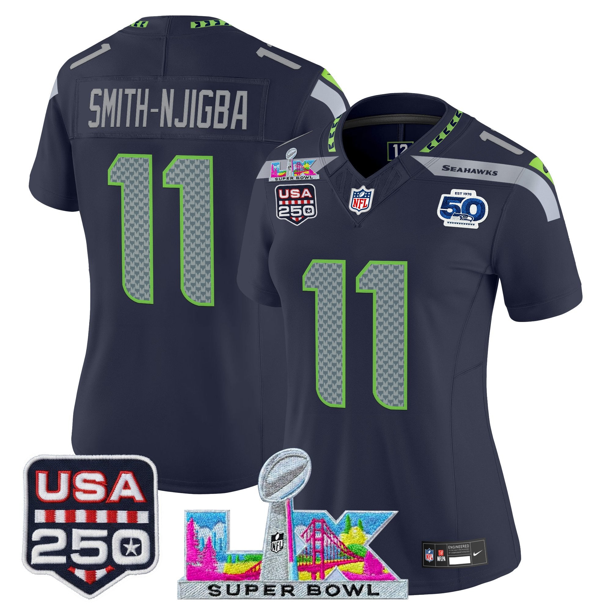 Women's Seattle Seahawks "Super Bowl LX & United States 250th Anniversary Patch" Vapor Limited Jersey - All Stitched