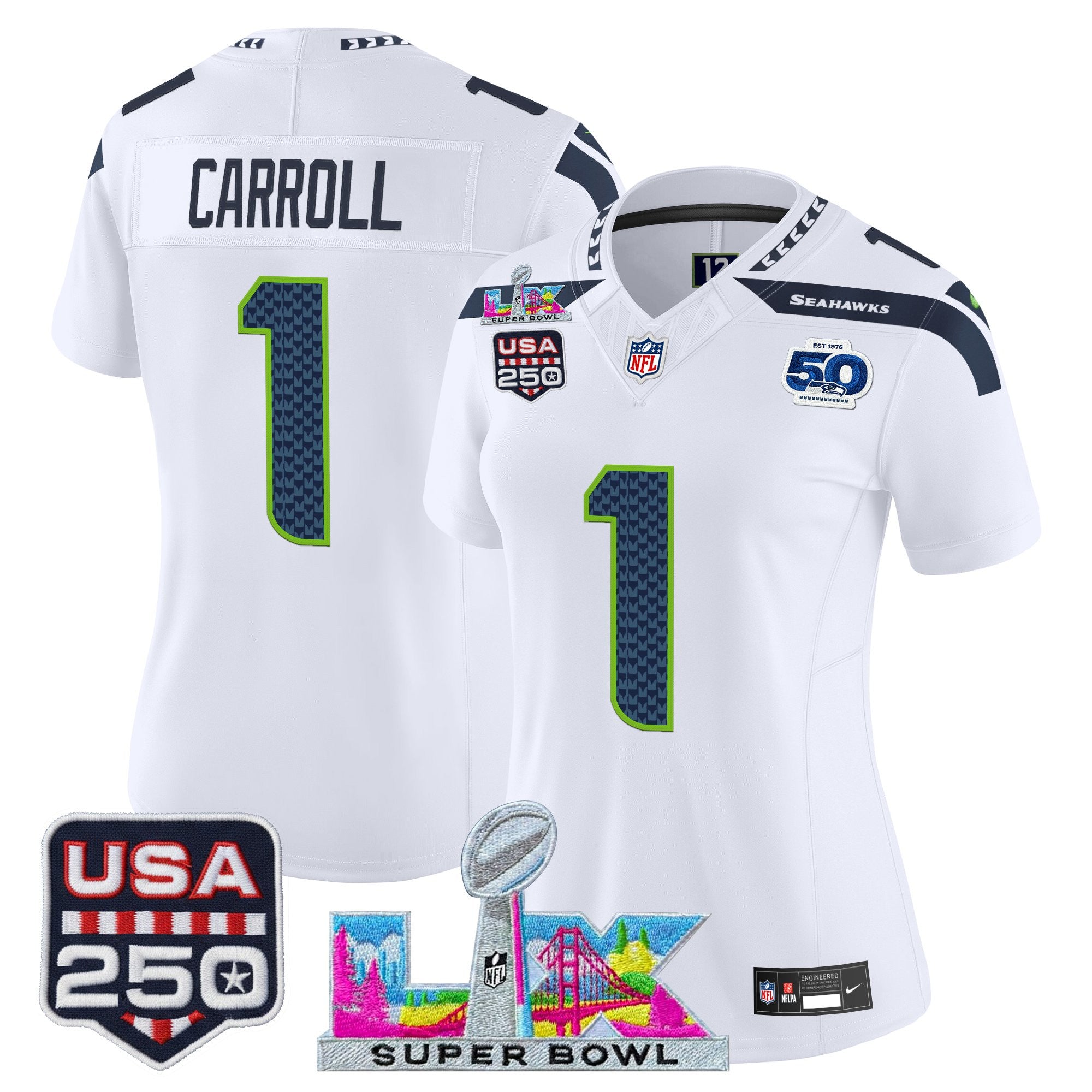 Women's Seattle Seahawks "Super Bowl LX & United States 250th Anniversary Patch" Vapor Limited Jersey - All Stitched