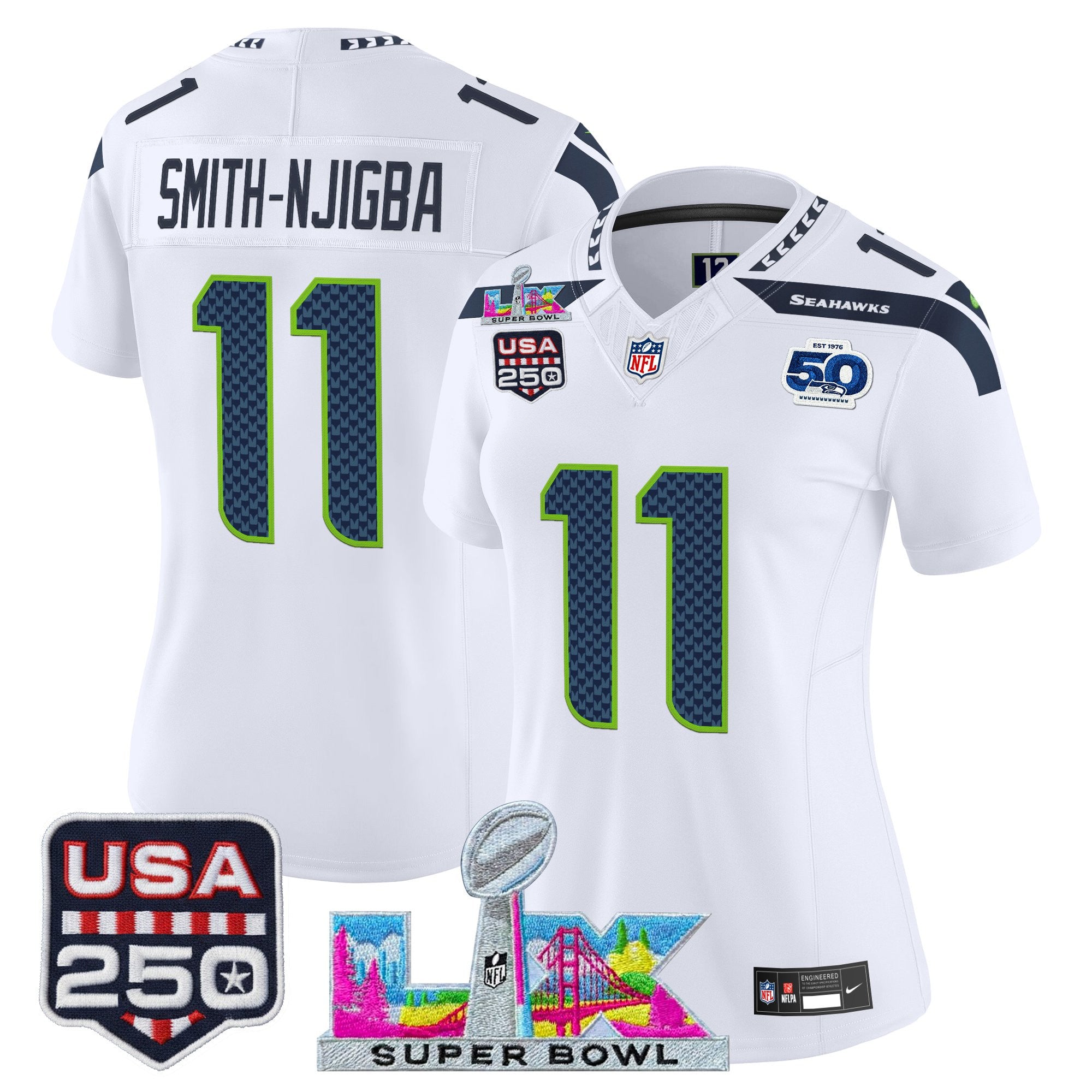 Women's Seattle Seahawks "Super Bowl LX & United States 250th Anniversary Patch" Vapor Limited Jersey - All Stitched