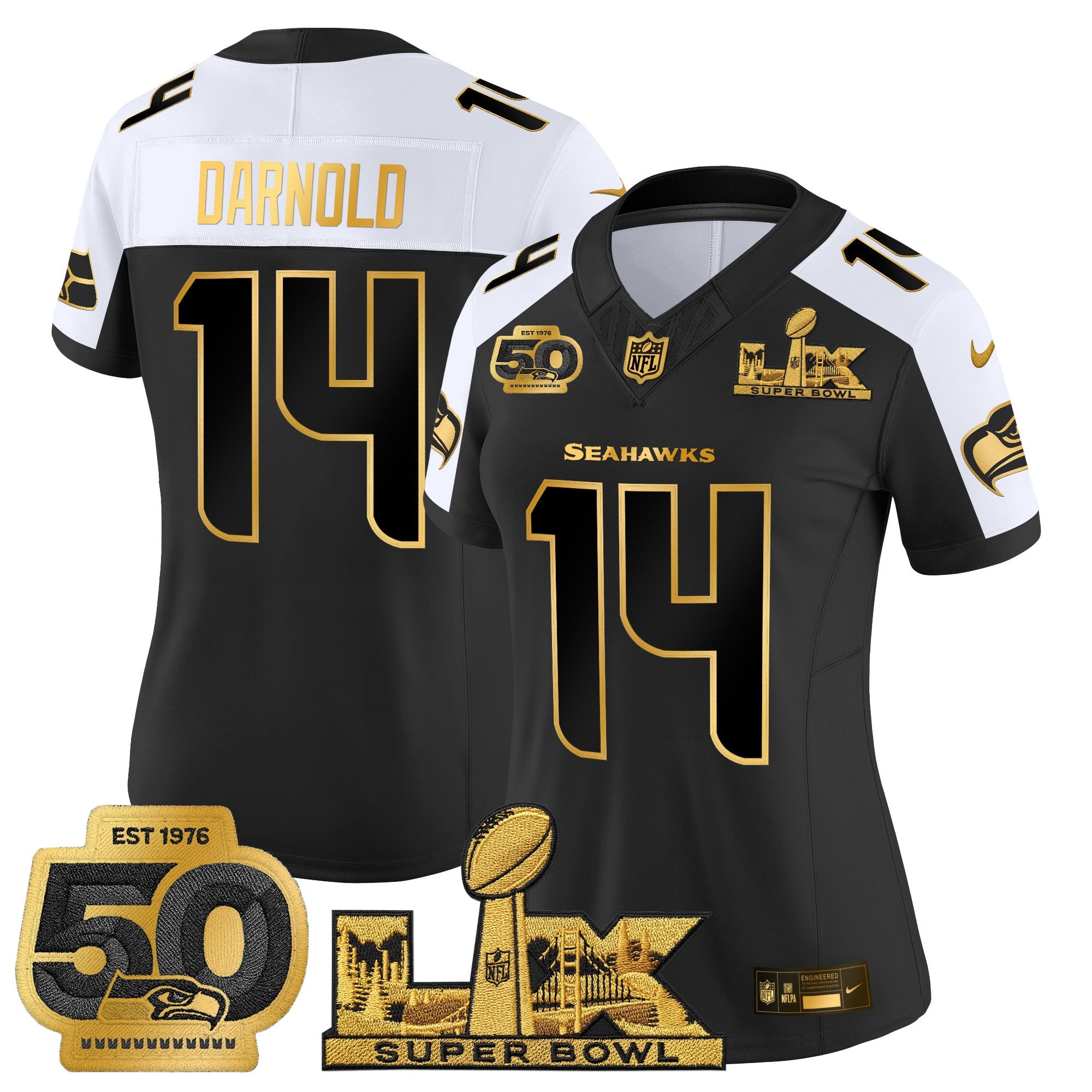 Women's Seattle Seahawks "Super Bowl LX & 50th Patch" Gold Vapor Limited Jersey - All Stitched