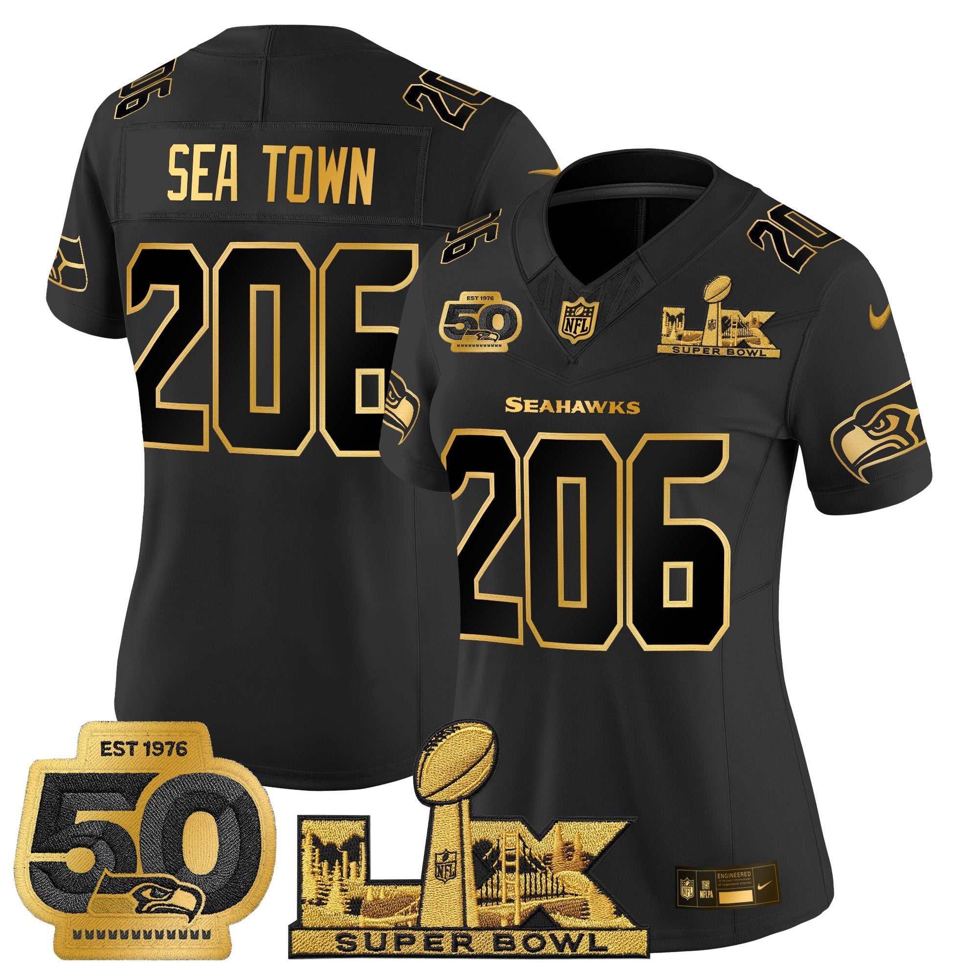 Women's Seattle Seahawks "Super Bowl LX & 50th Patch" Gold Vapor Limited Jersey - All Stitched