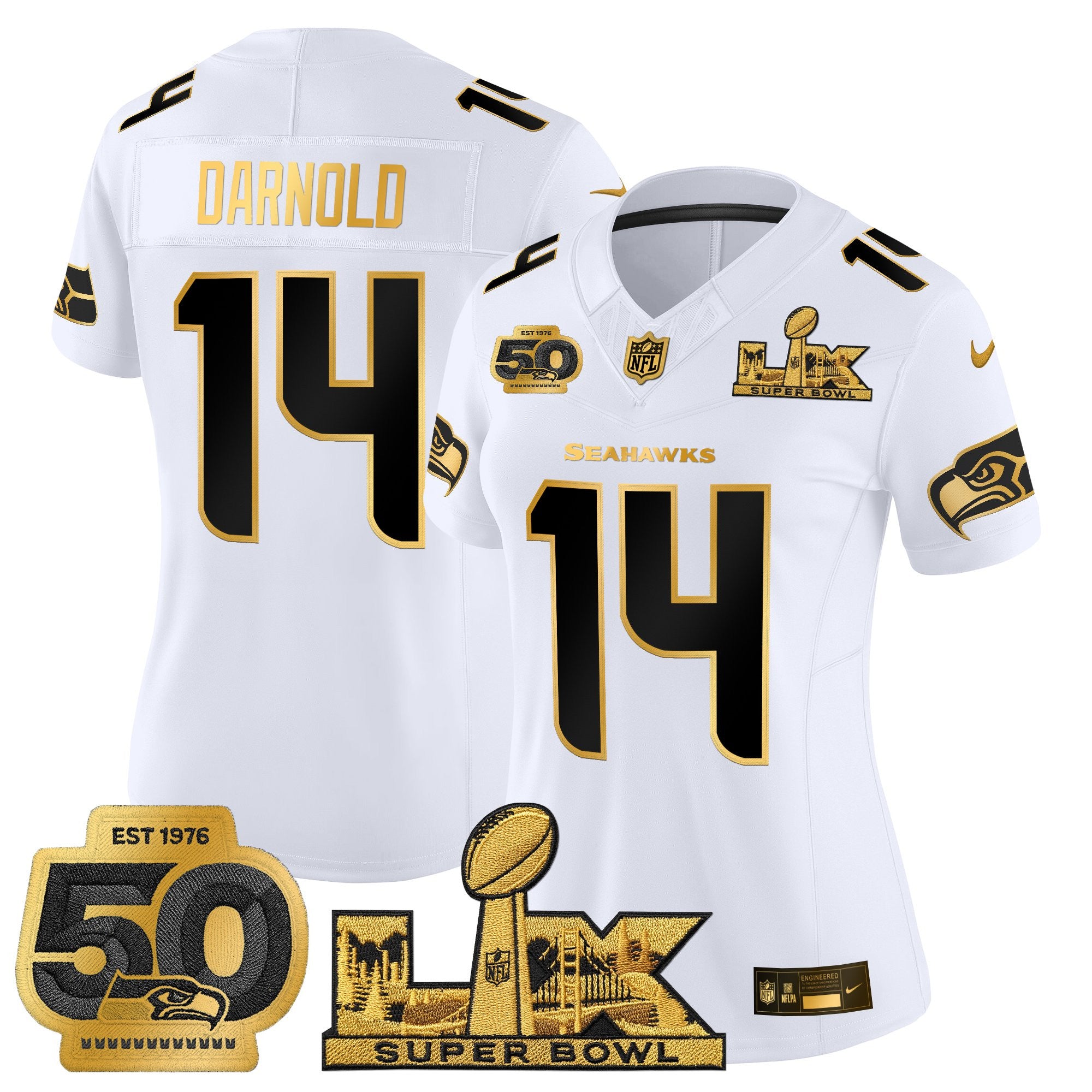 Women's Seattle Seahawks "Super Bowl LX & 50th Patch" Gold Vapor Limited Jersey - All Stitched
