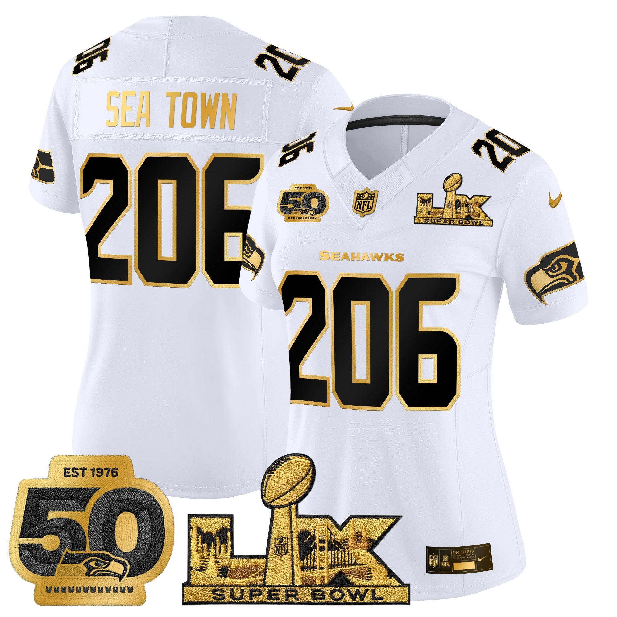 Women's Seattle Seahawks "Super Bowl LX & 50th Patch" Gold Vapor Limited Jersey - All Stitched