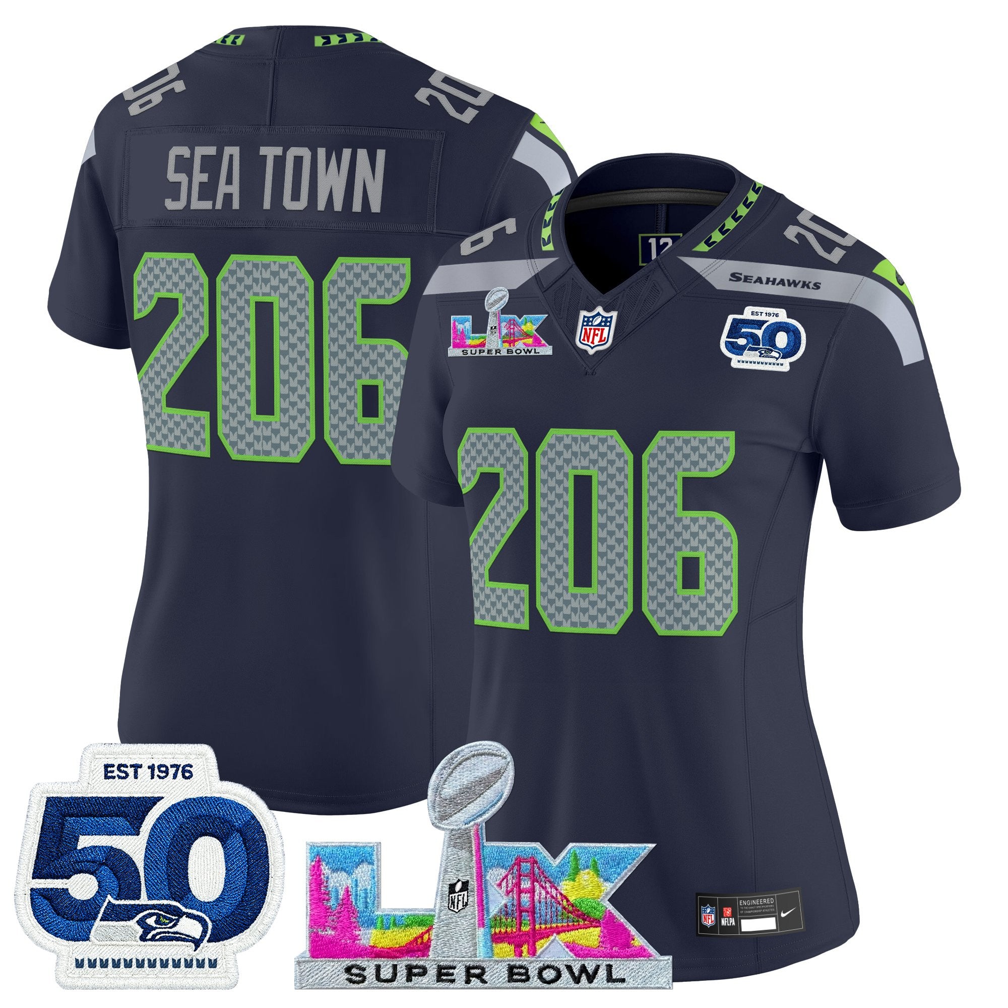 Women's Seattle Seahawks "Super Bowl LX & 50th Patch" Vapor Limited Jersey - All Stitched
