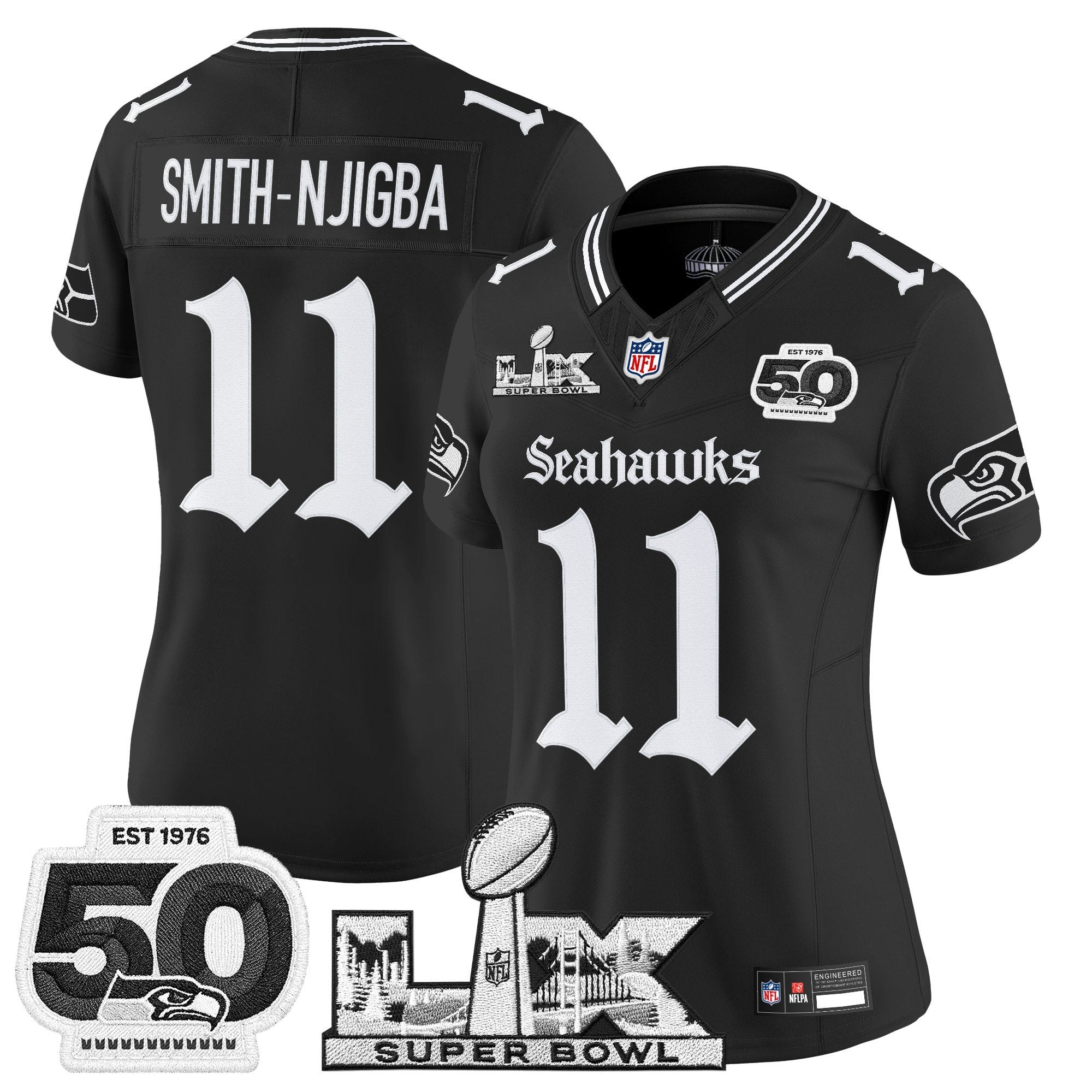 Women's Seattle Seahawks "Super Bowl LX & 50th Patch" Vapor Limited Jersey - Gothic Edition - All Stitched