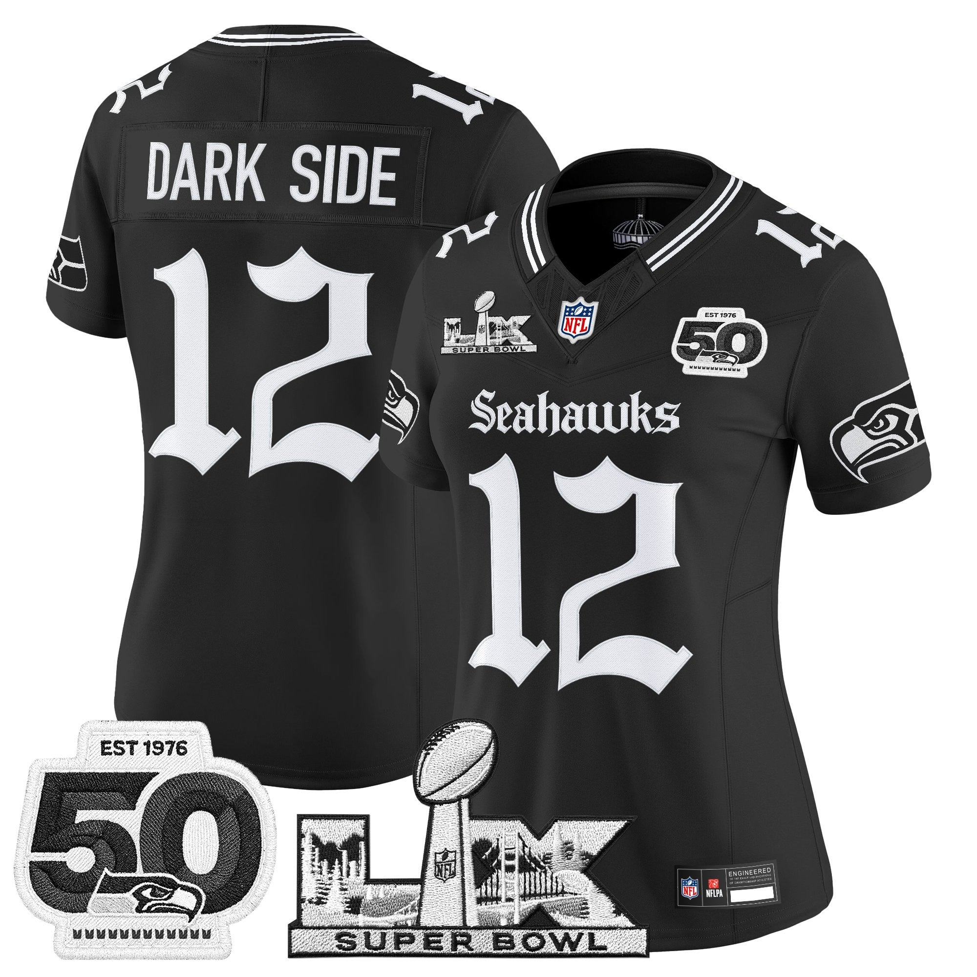 Women's Seattle Seahawks "Super Bowl LX & 50th Patch" Vapor Limited Jersey - Gothic Edition - All Stitched