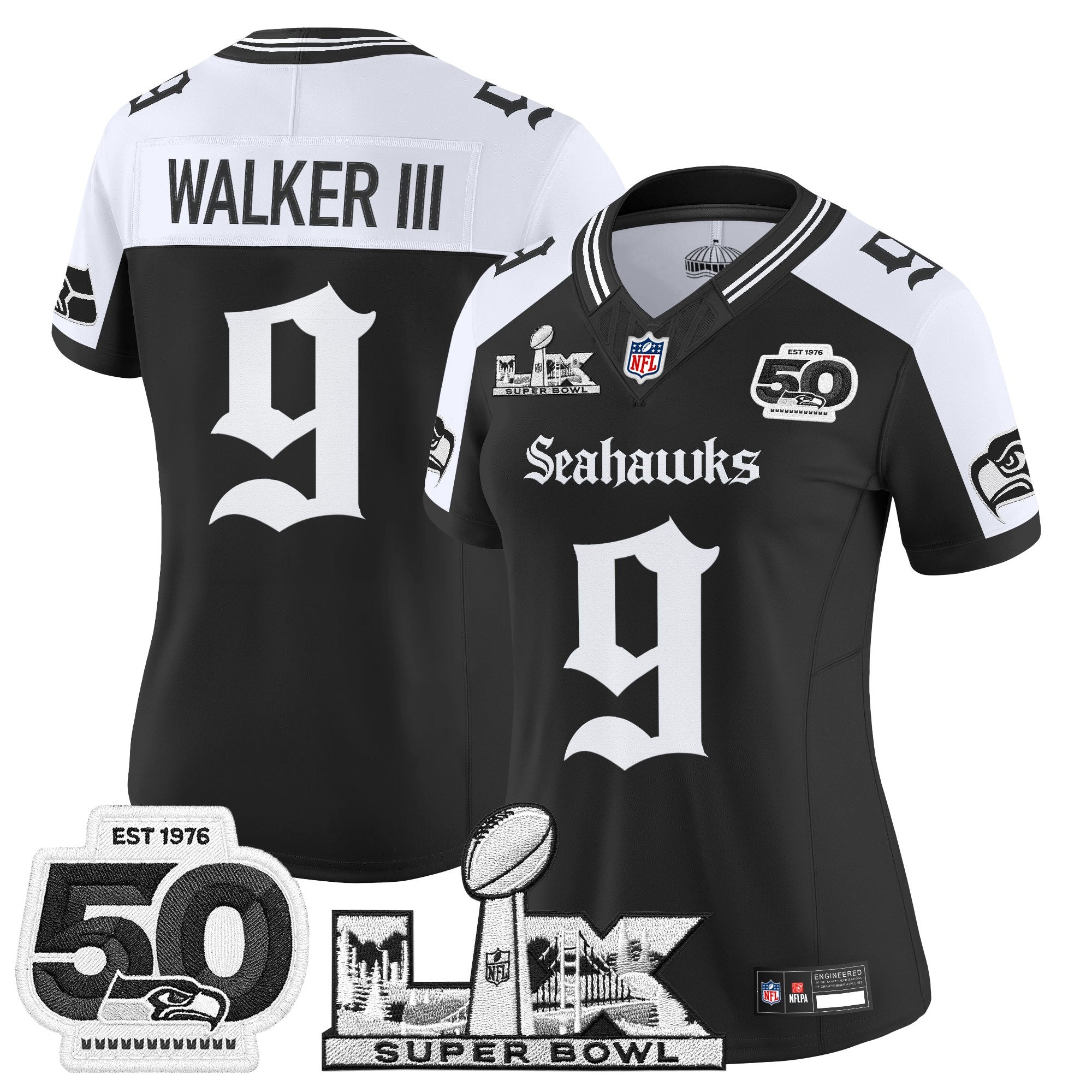 Women's Seattle Seahawks "Super Bowl LX & 50th Patch" Vapor Limited Jersey - Gothic Edition - All Stitched