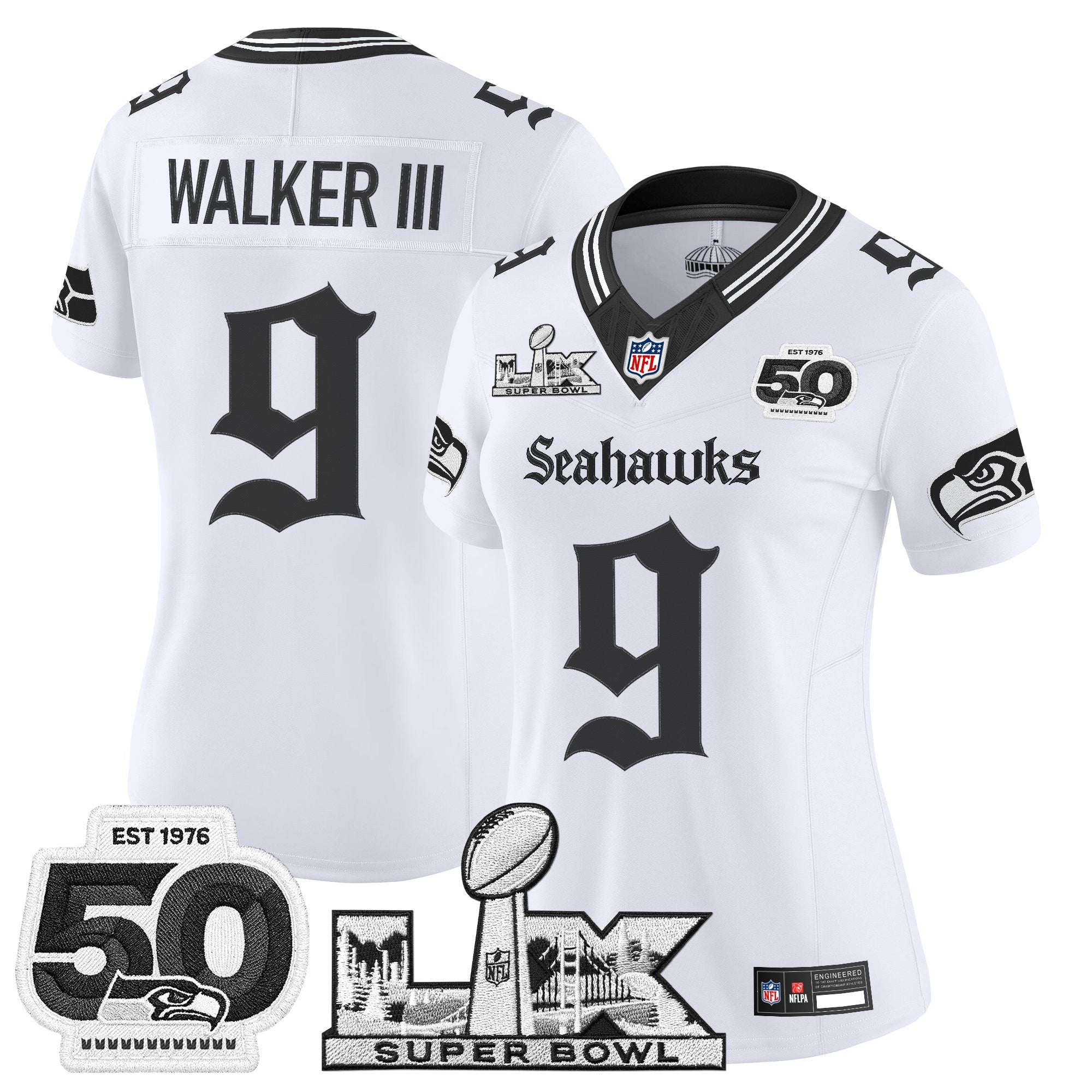 Women's Seattle Seahawks "Super Bowl LX & 50th Patch" Vapor Limited Jersey - Gothic Edition - All Stitched