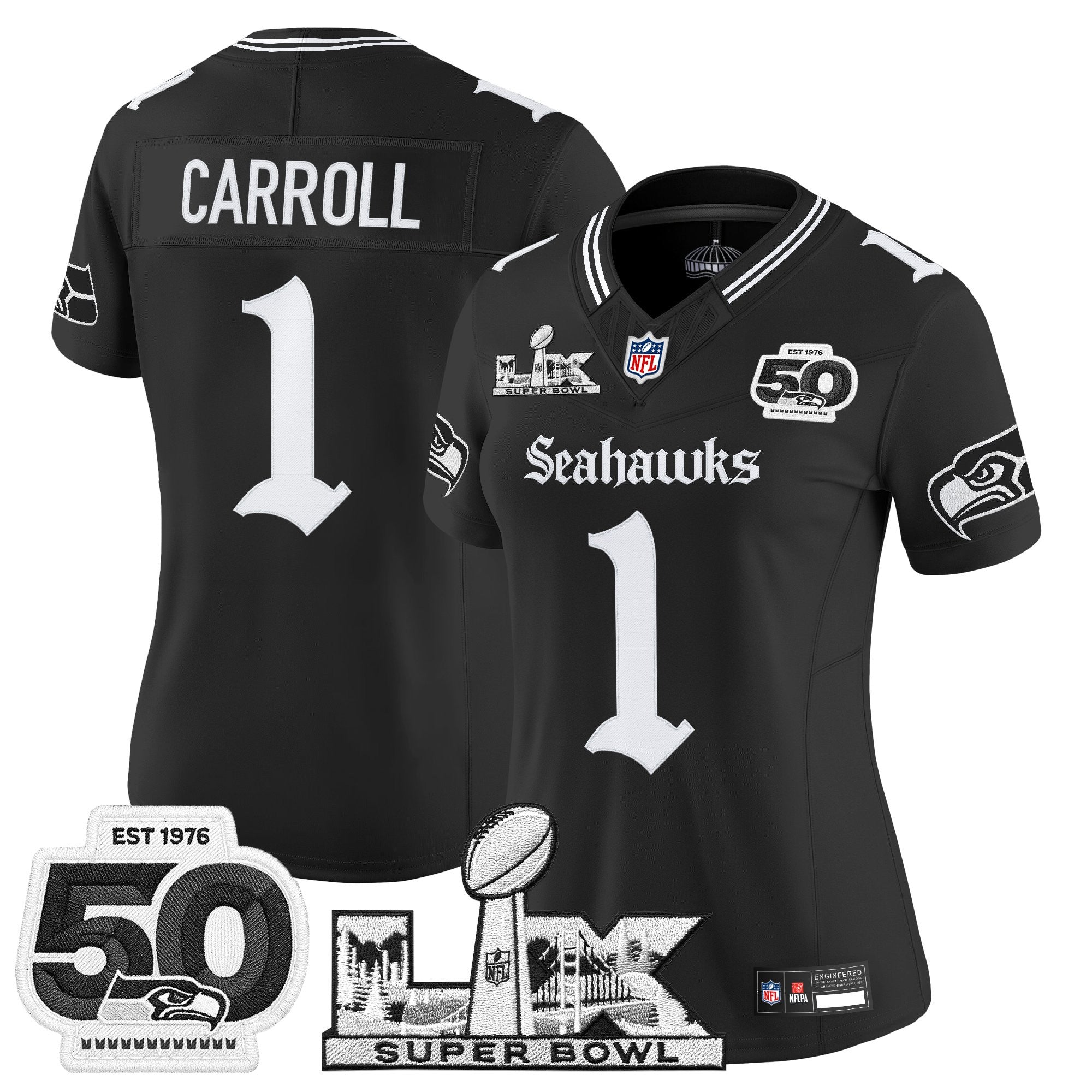 Women's Seattle Seahawks "Super Bowl LX & 50th Patch" Vapor Limited Jersey - Gothic Edition - All Stitched