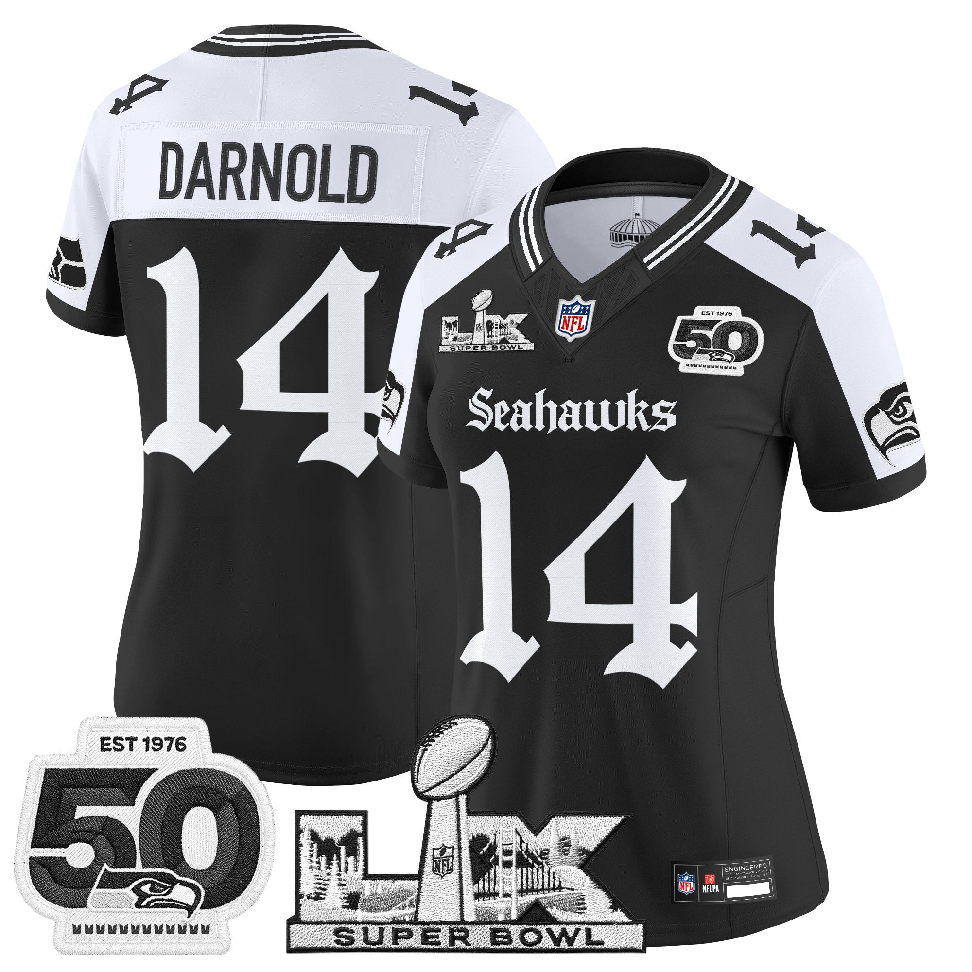 Women's Seattle Seahawks "Super Bowl LX & 50th Patch" Vapor Limited Jersey - Gothic Edition - All Stitched