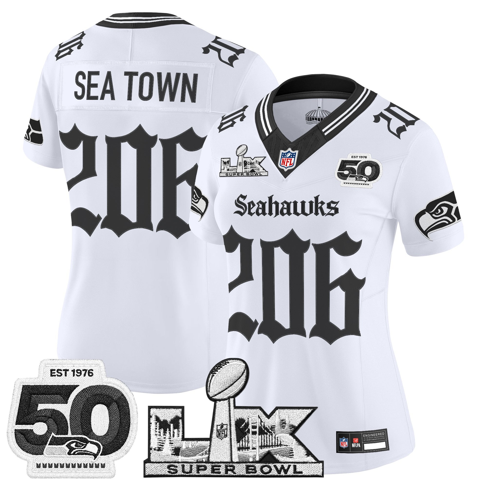 Women's Seattle Seahawks "Super Bowl LX & 50th Patch" Vapor Limited Jersey - Gothic Edition - All Stitched