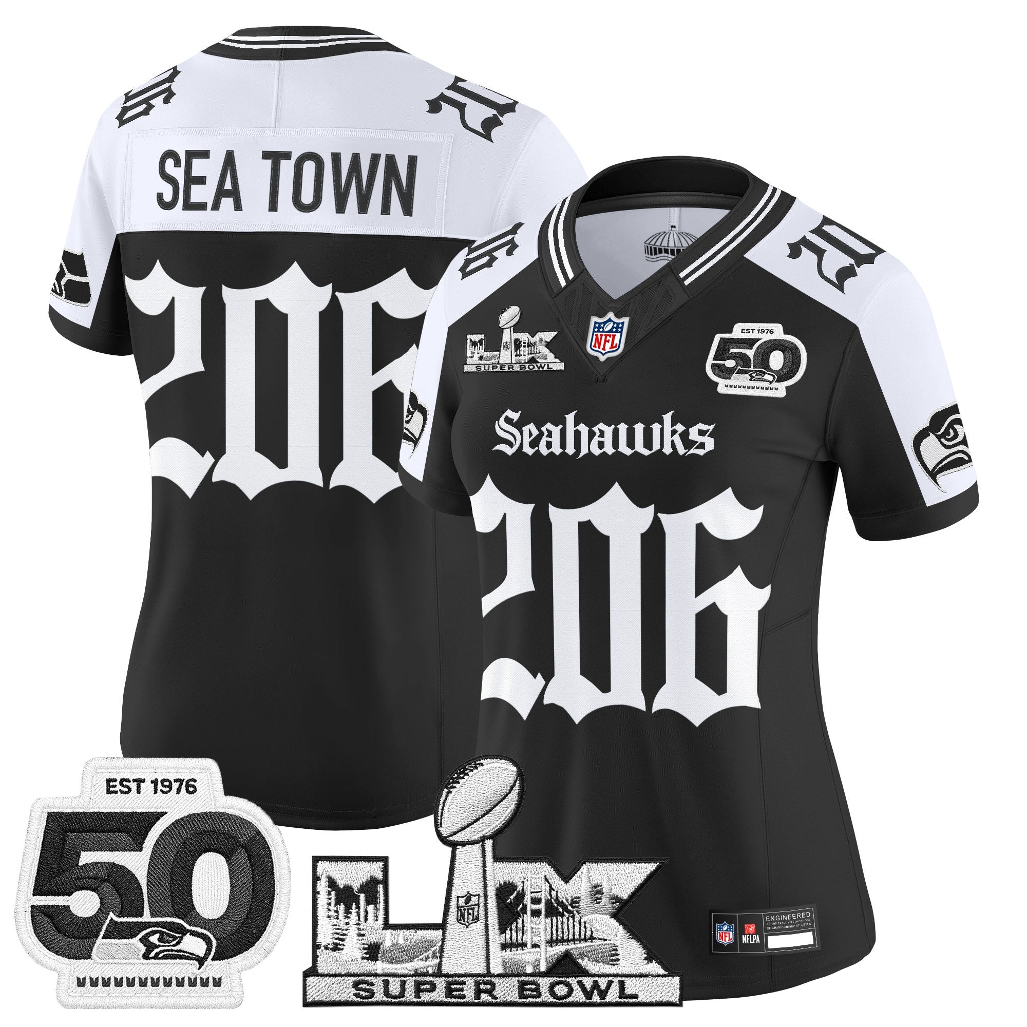 Women's Seattle Seahawks "Super Bowl LX & 50th Patch" Vapor Limited Jersey - Gothic Edition - All Stitched