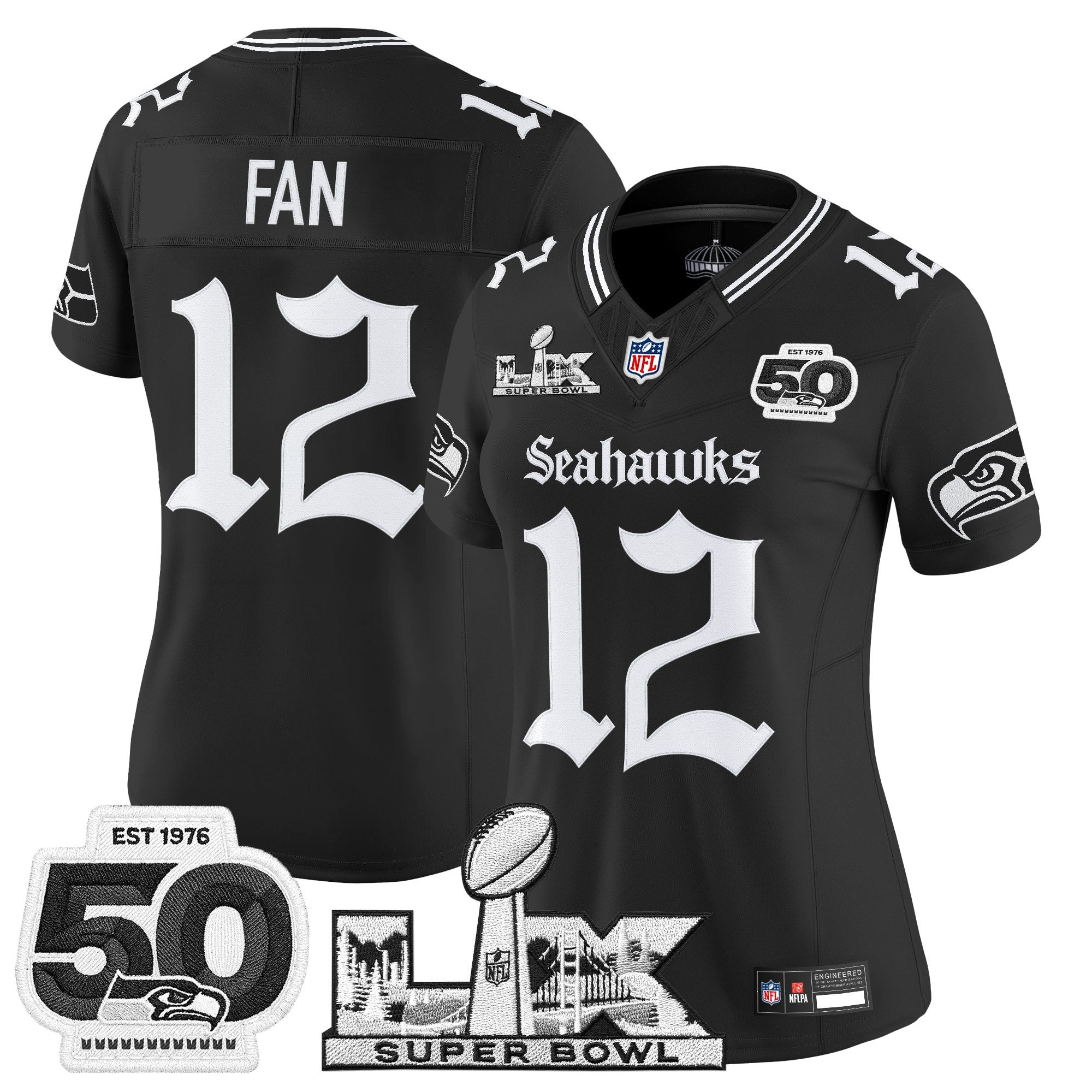 Women's Seattle Seahawks "Super Bowl LX & 50th Patch" Vapor Limited Jersey - Gothic Edition - All Stitched