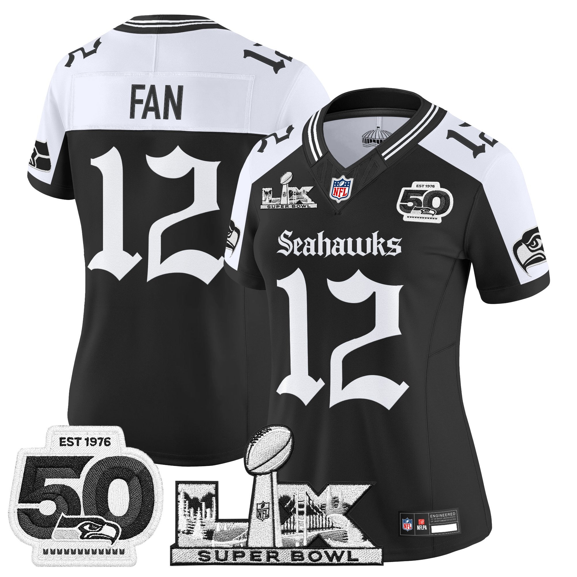 Women's Seattle Seahawks "Super Bowl LX & 50th Patch" Vapor Limited Jersey - Gothic Edition - All Stitched