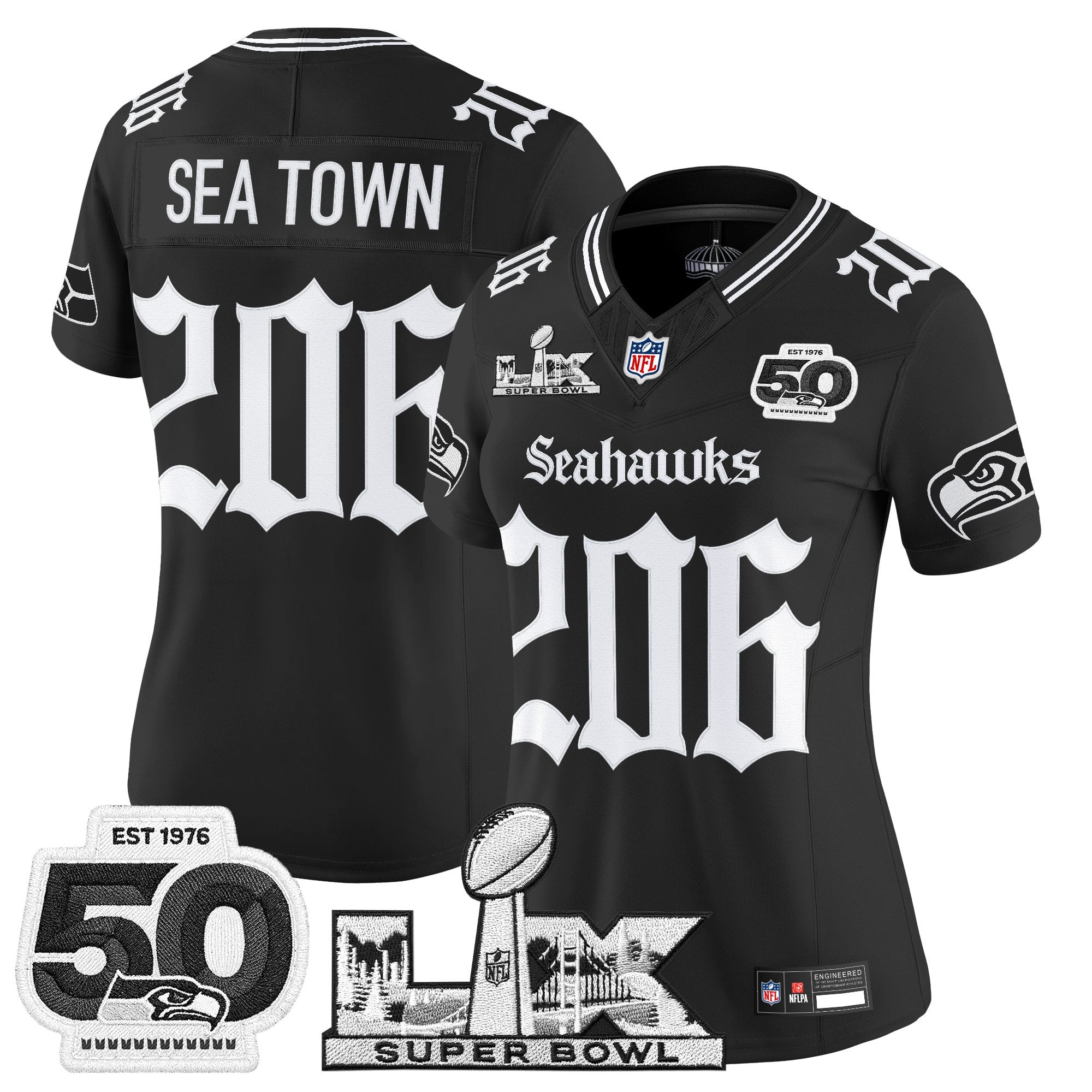 Women's Seattle Seahawks "Super Bowl LX & 50th Patch" Vapor Limited Jersey - Gothic Edition - All Stitched