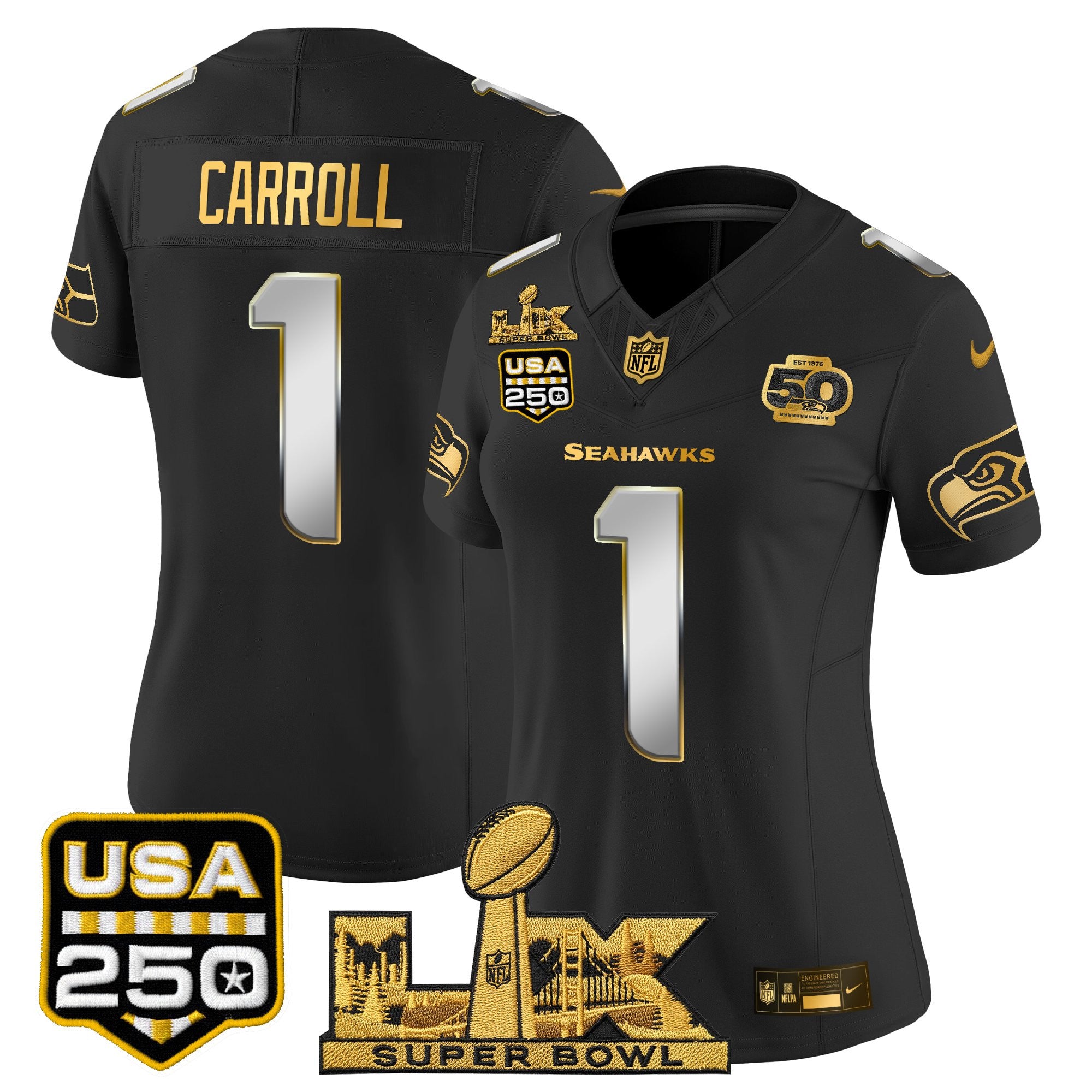 Women's Seattle Seahawks "Super Bowl LX & United States 250th Anniversary Patch" Gold Vapor Limited Jersey - All Stitched
