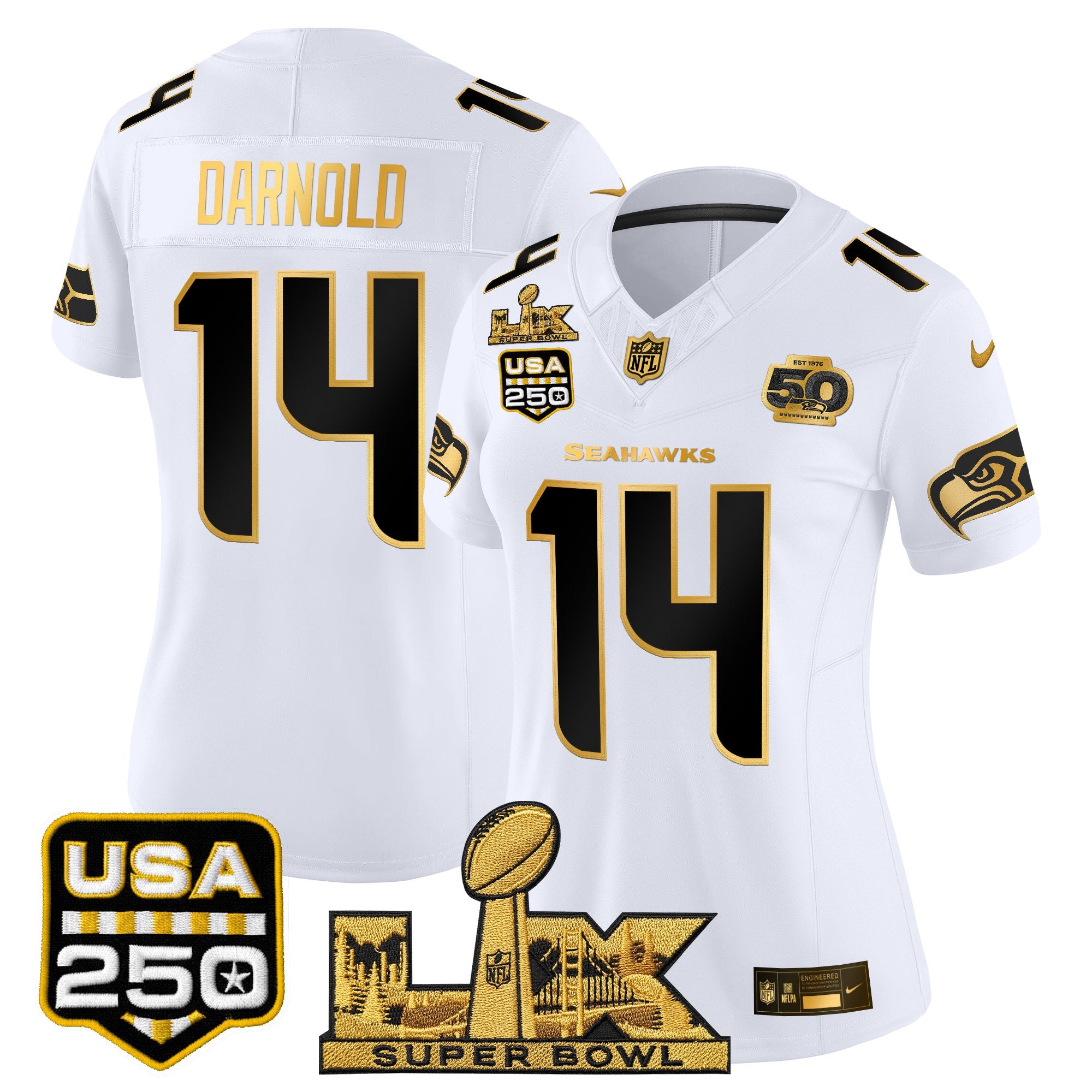 Women's Seattle Seahawks "Super Bowl LX & United States 250th Anniversary Patch" Gold Vapor Limited Jersey - All Stitched