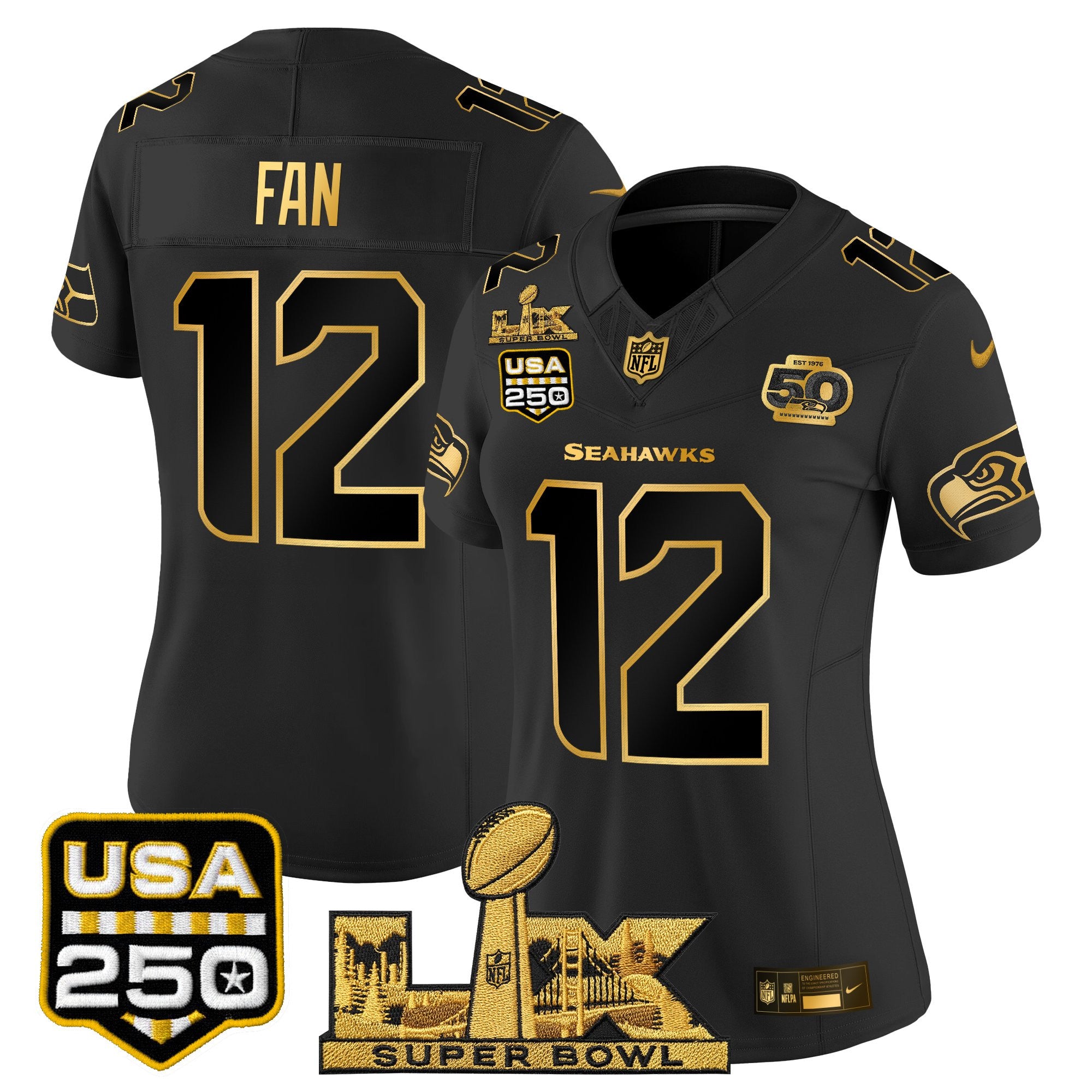 Women's Seattle Seahawks "Super Bowl LX & United States 250th Anniversary Patch" Gold Vapor Limited Jersey - All Stitched