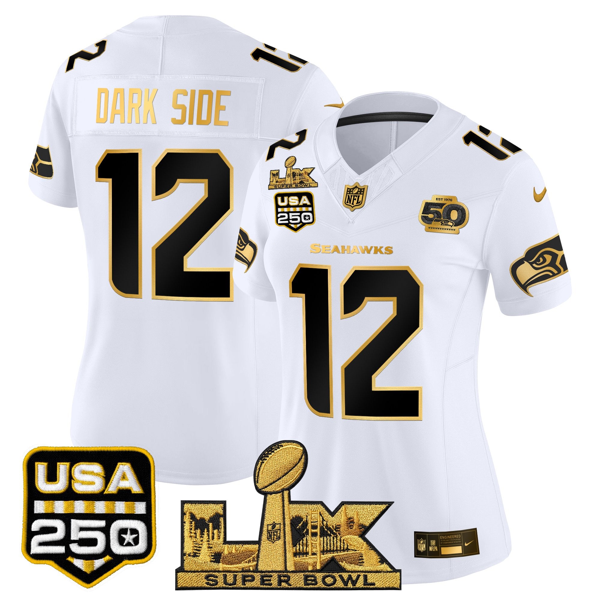 Women's Seattle Seahawks "Super Bowl LX & United States 250th Anniversary Patch" Gold Vapor Limited Jersey - All Stitched