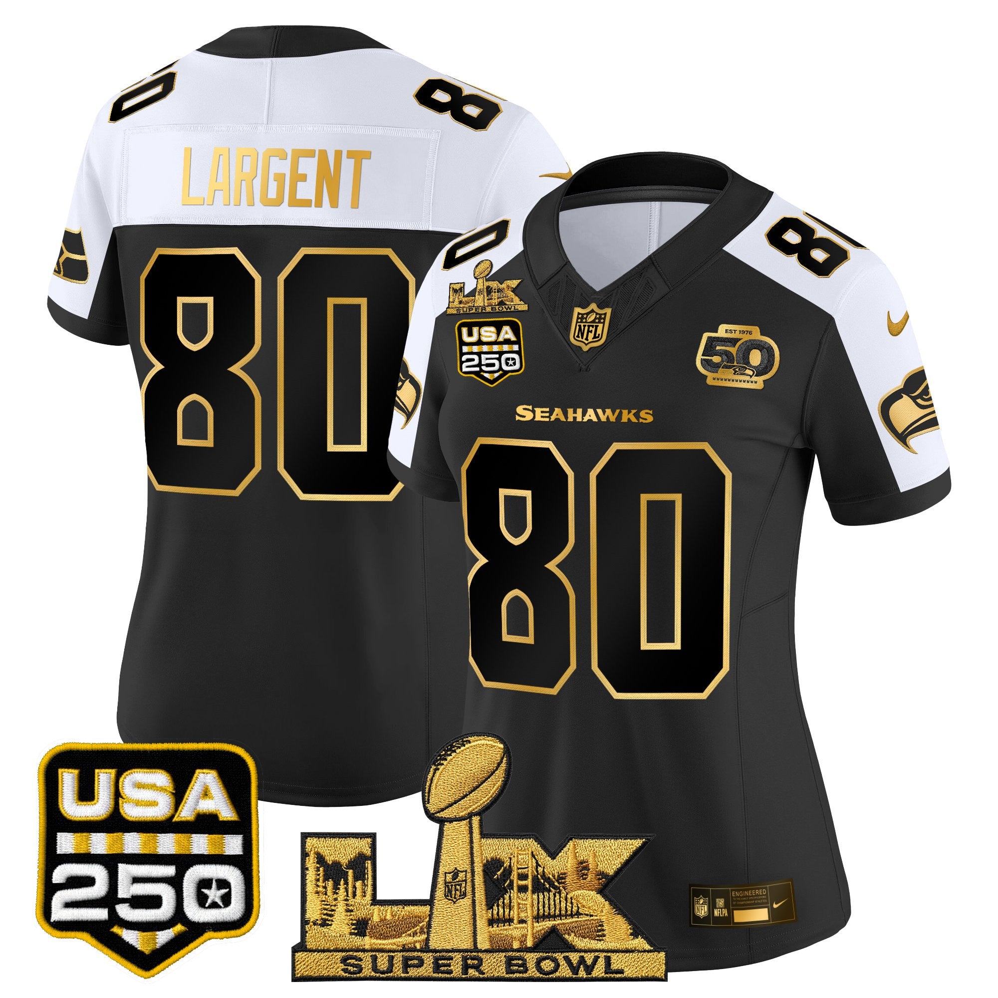 Women's Seattle Seahawks "Super Bowl LX & United States 250th Anniversary Patch" Gold Vapor Limited Jersey - All Stitched