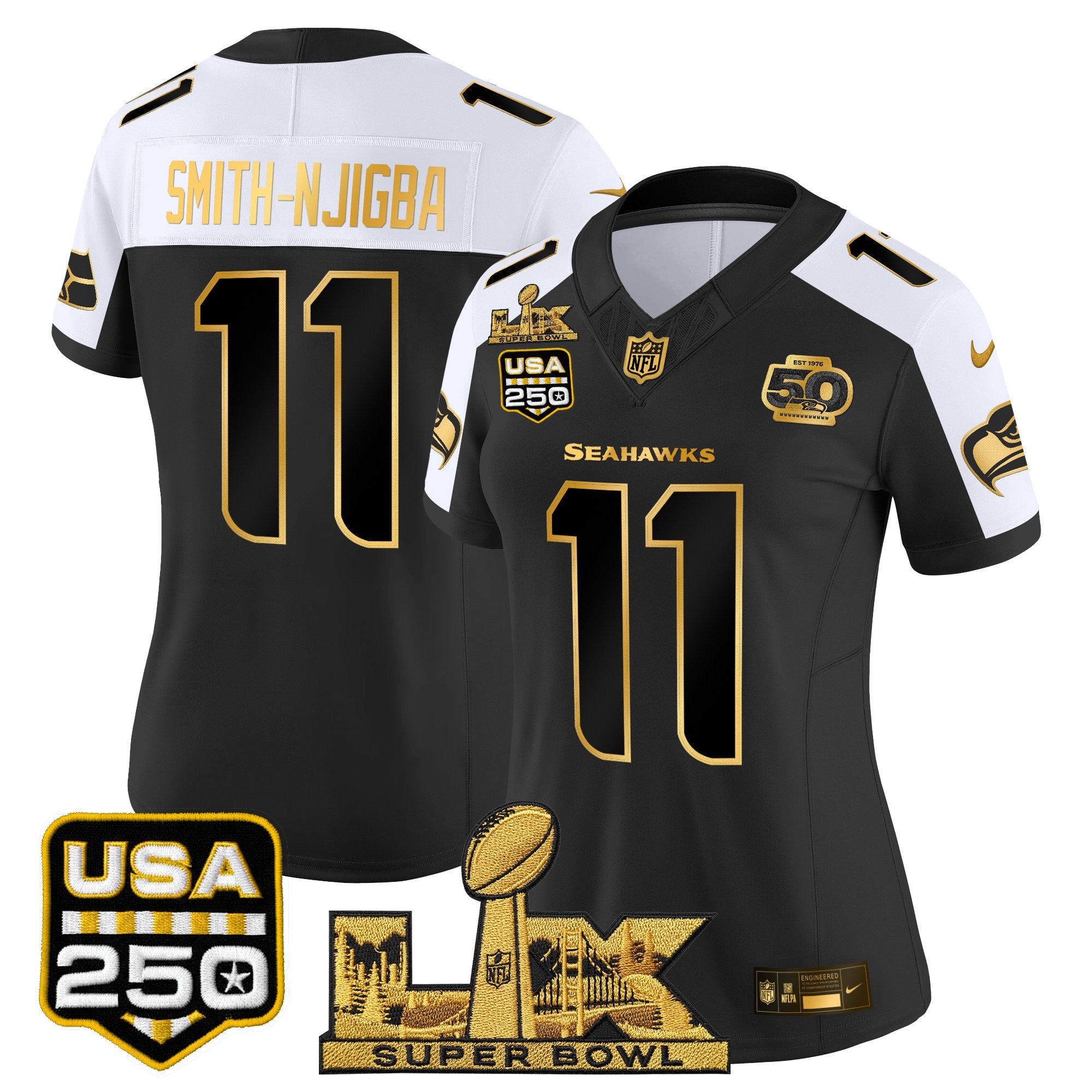 Women's Seattle Seahawks "Super Bowl LX & United States 250th Anniversary Patch" Gold Vapor Limited Jersey - All Stitched