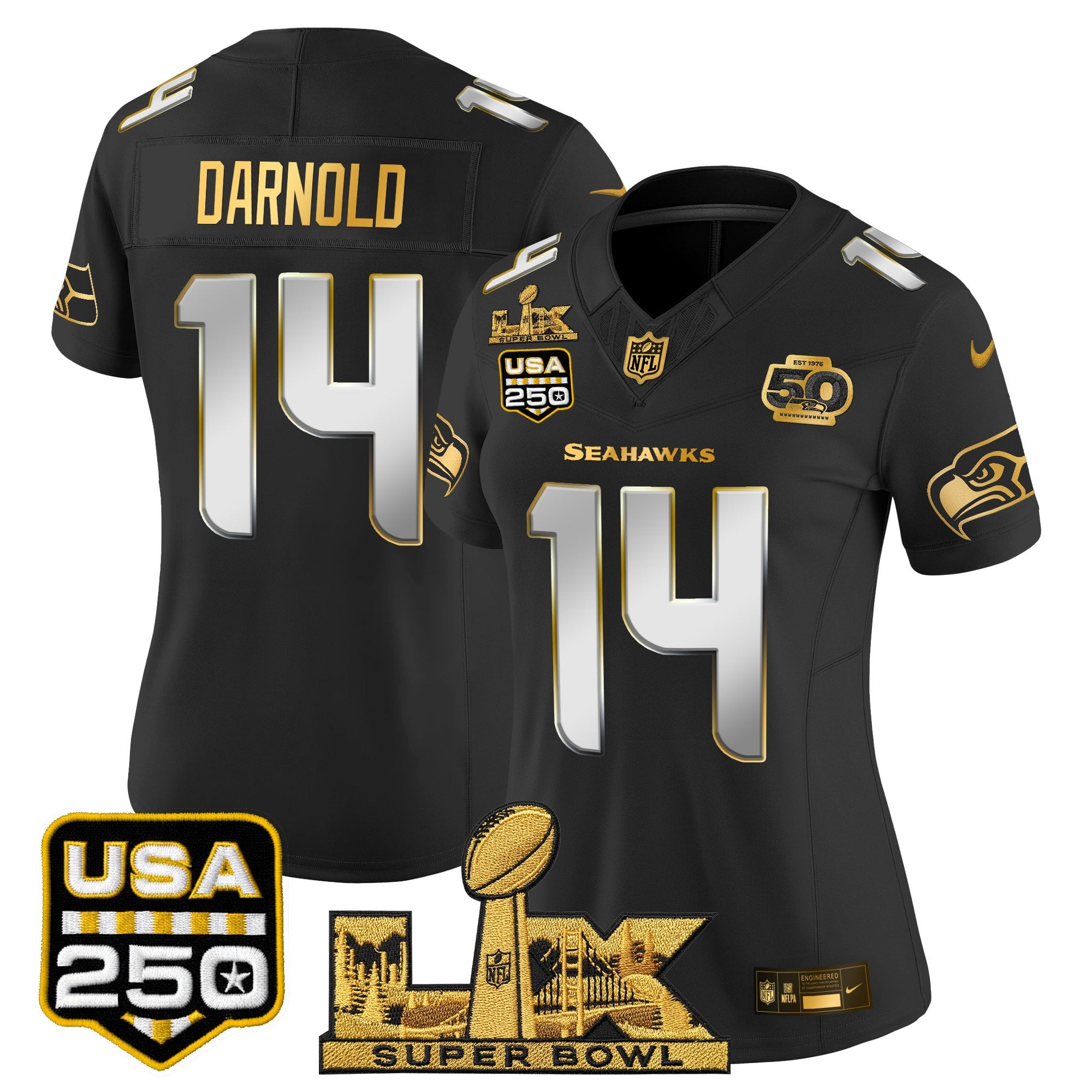 Women's Seattle Seahawks "Super Bowl LX & United States 250th Anniversary Patch" Gold Vapor Limited Jersey - All Stitched