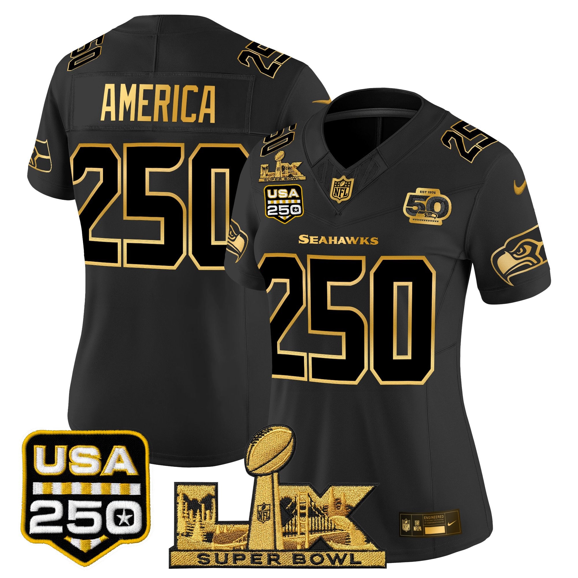 Women's Seattle Seahawks "Super Bowl LX & United States 250th Anniversary Patch" Gold Vapor Limited Jersey - All Stitched