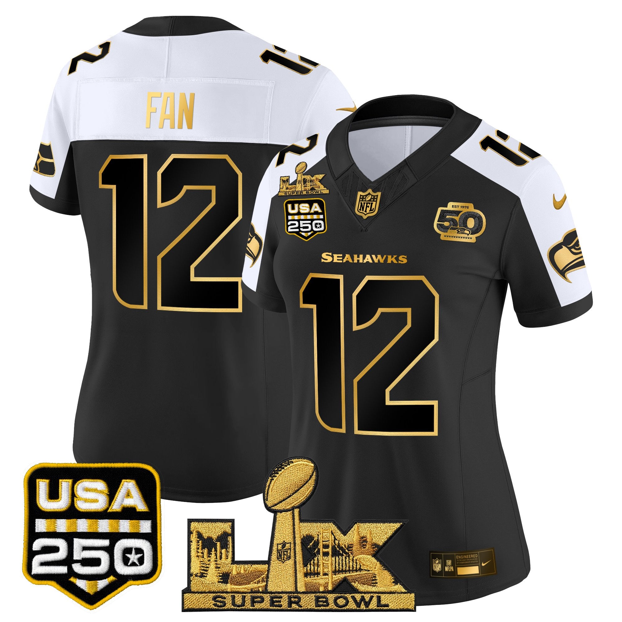 Women's Seattle Seahawks "Super Bowl LX & United States 250th Anniversary Patch" Gold Vapor Limited Jersey - All Stitched