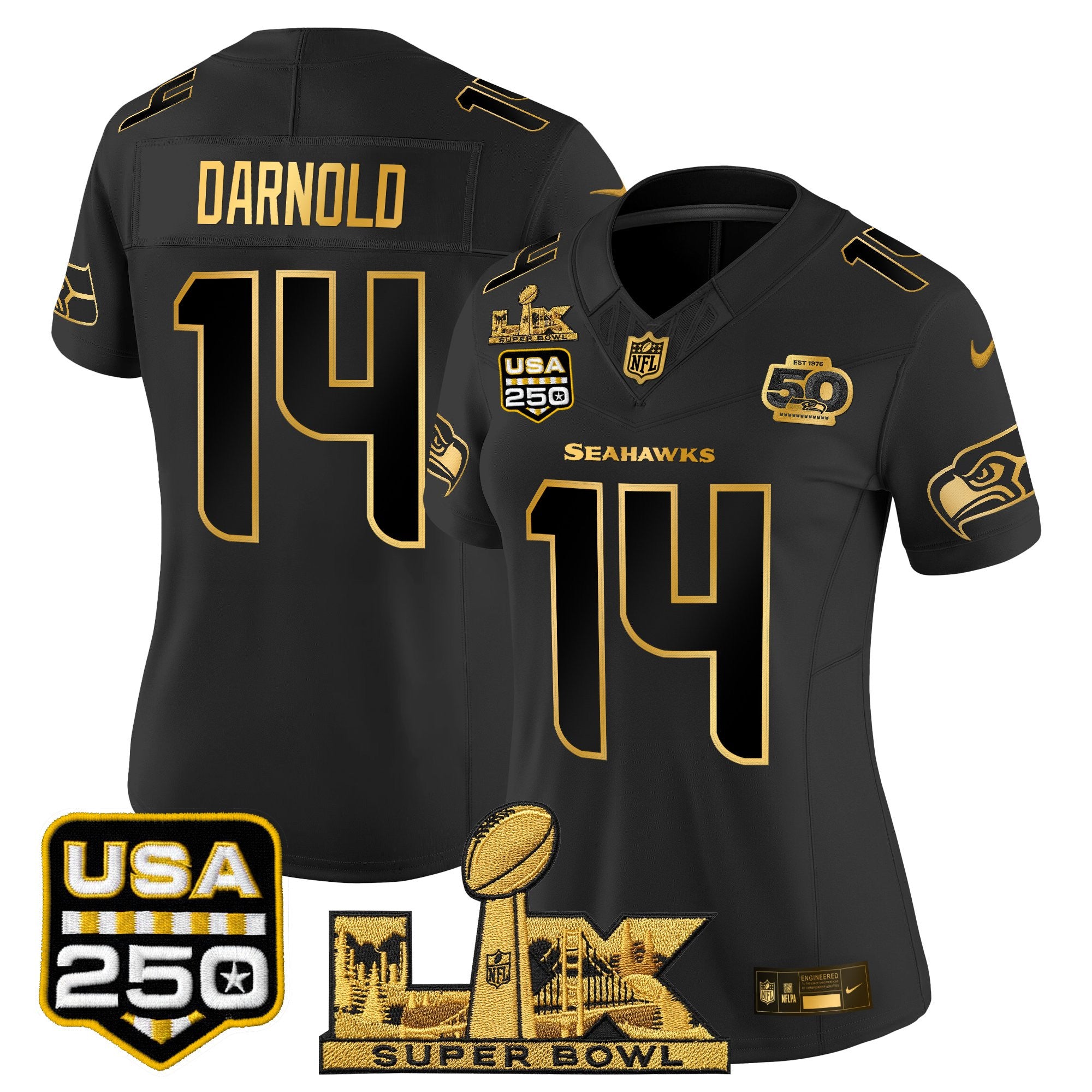 Women's Seattle Seahawks "Super Bowl LX & United States 250th Anniversary Patch" Gold Vapor Limited Jersey - All Stitched