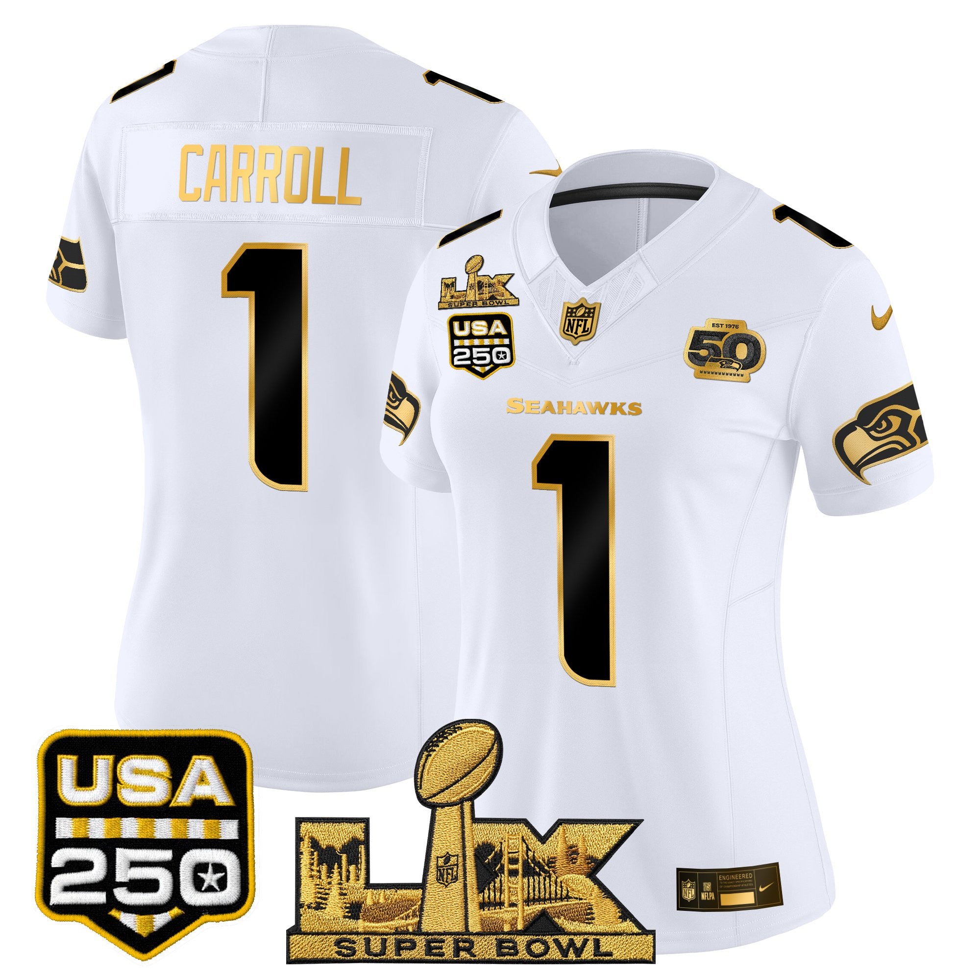 Women's Seattle Seahawks "Super Bowl LX & United States 250th Anniversary Patch" Gold Vapor Limited Jersey - All Stitched