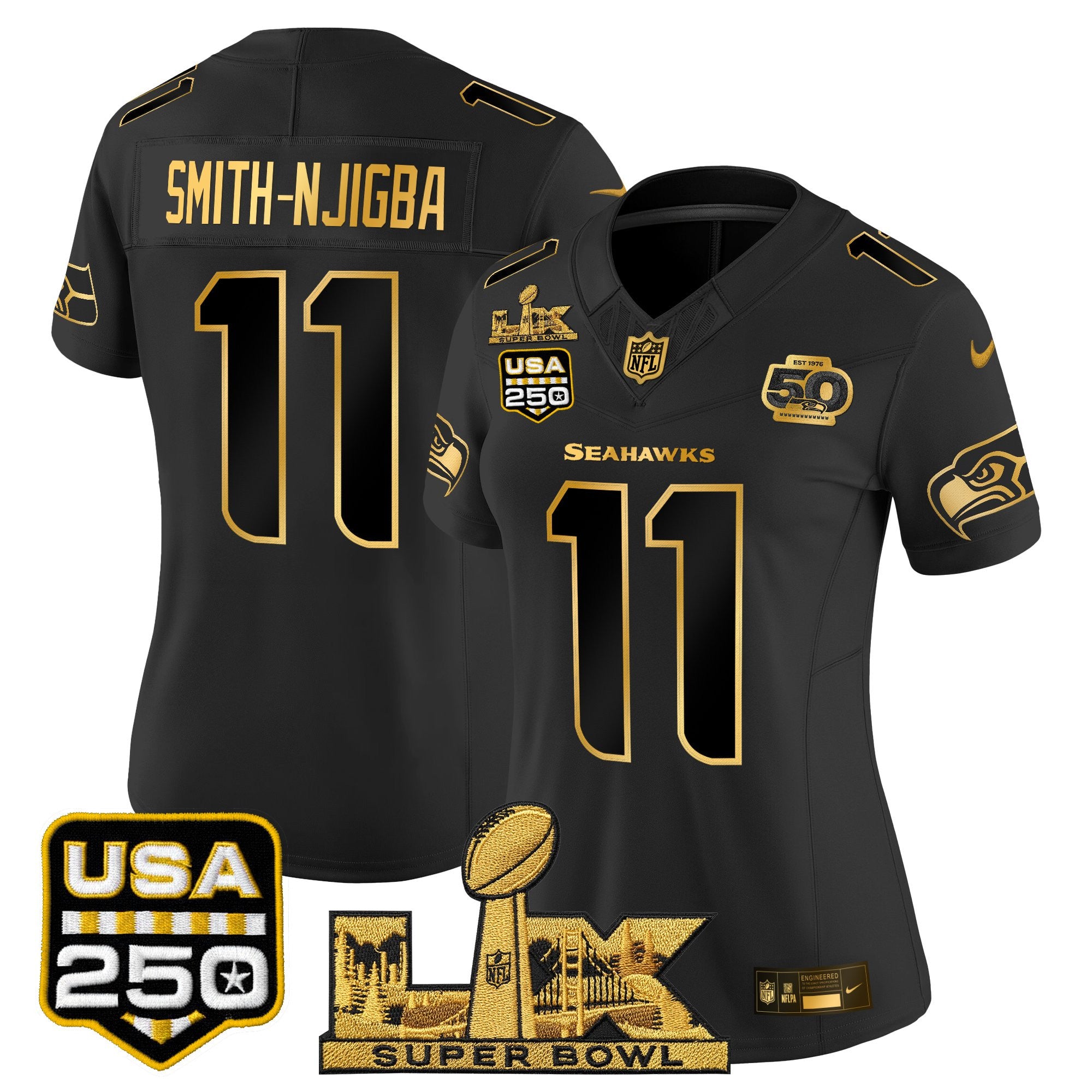 Women's Seattle Seahawks "Super Bowl LX & United States 250th Anniversary Patch" Gold Vapor Limited Jersey - All Stitched